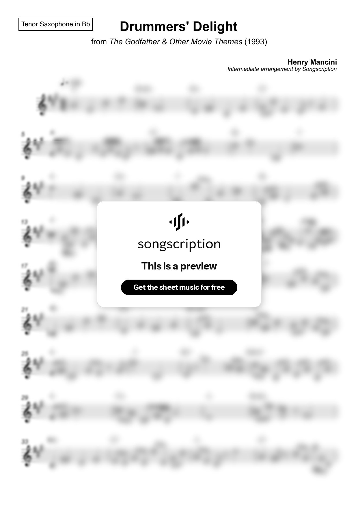 Intermediate Tenor Sax Sheet Music for "Drummers' Delight" by Henry Mancini
