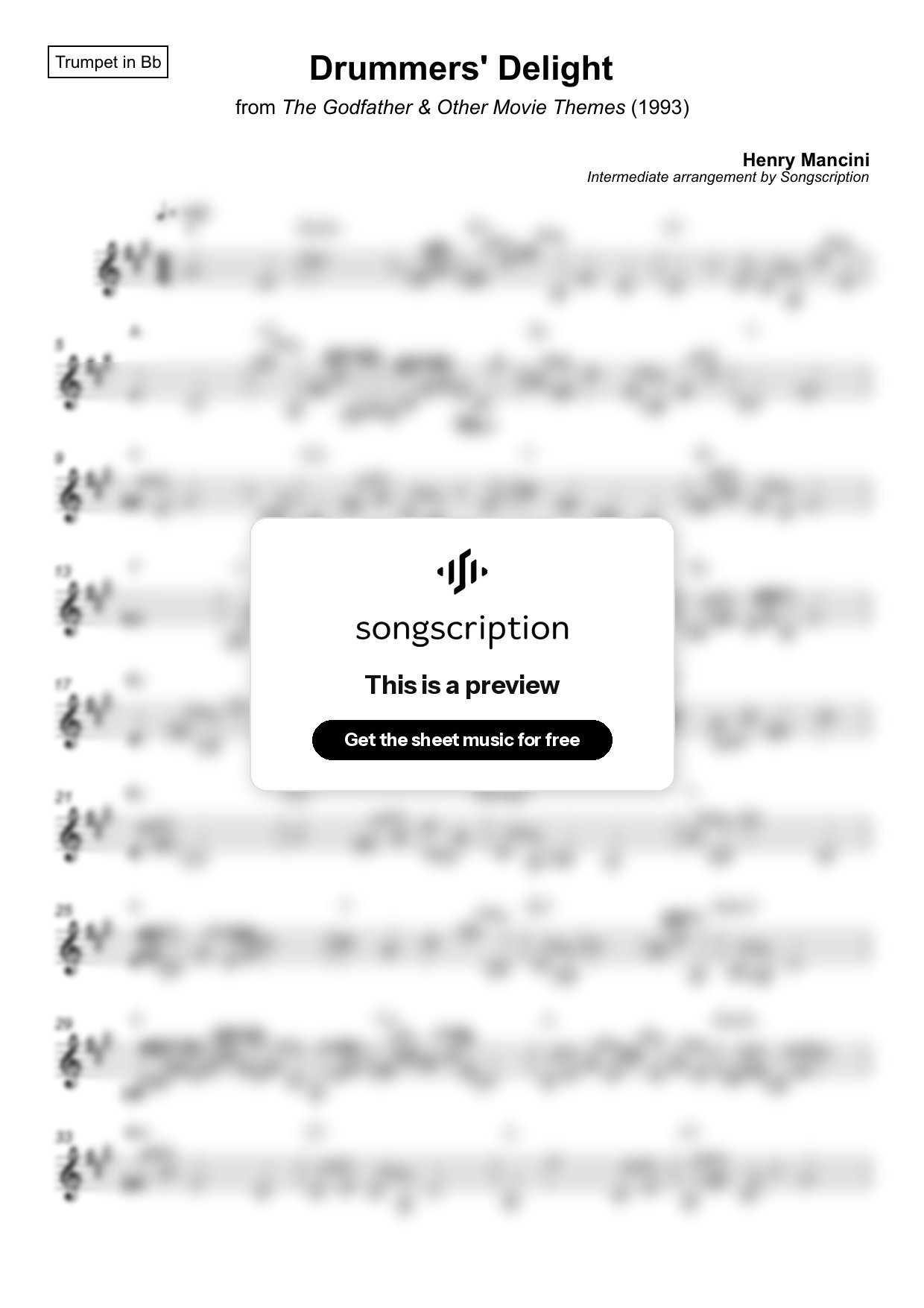 Intermediate Trumpet Sheet Music for "Drummers' Delight" by Henry Mancini