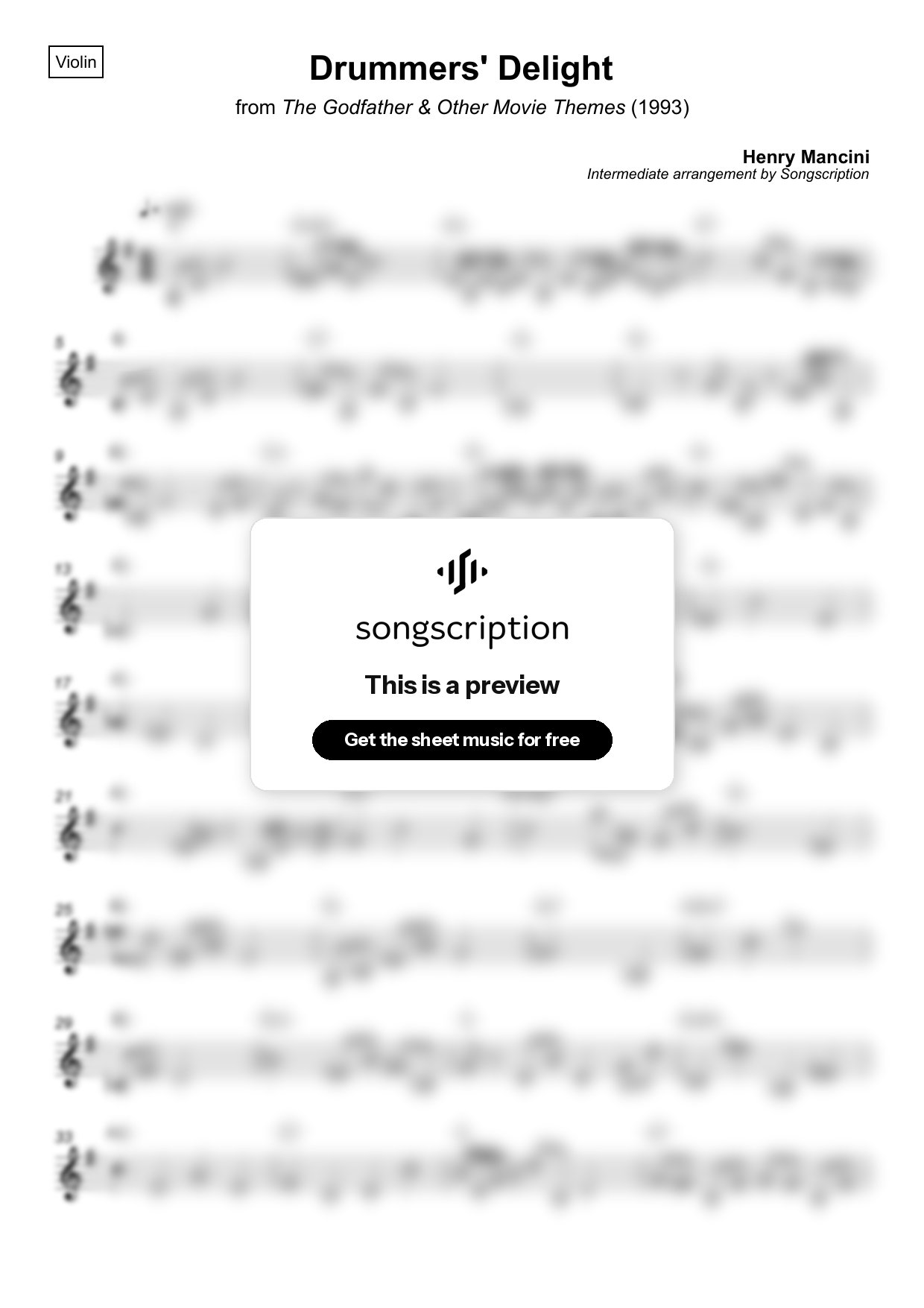 Intermediate Violin Sheet Music for "Drummers' Delight" by Henry Mancini