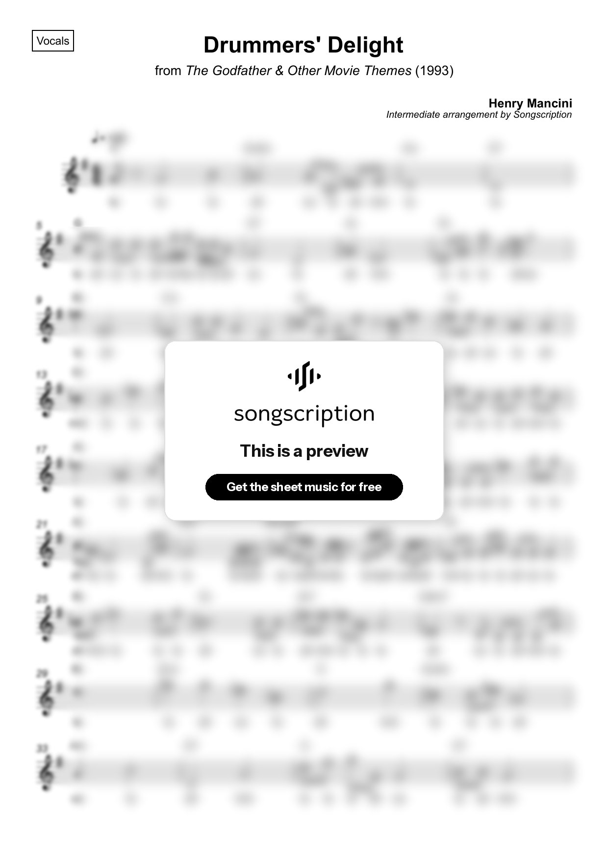 Intermediate Vocals Sheet Music for "Drummers' Delight" by Henry Mancini