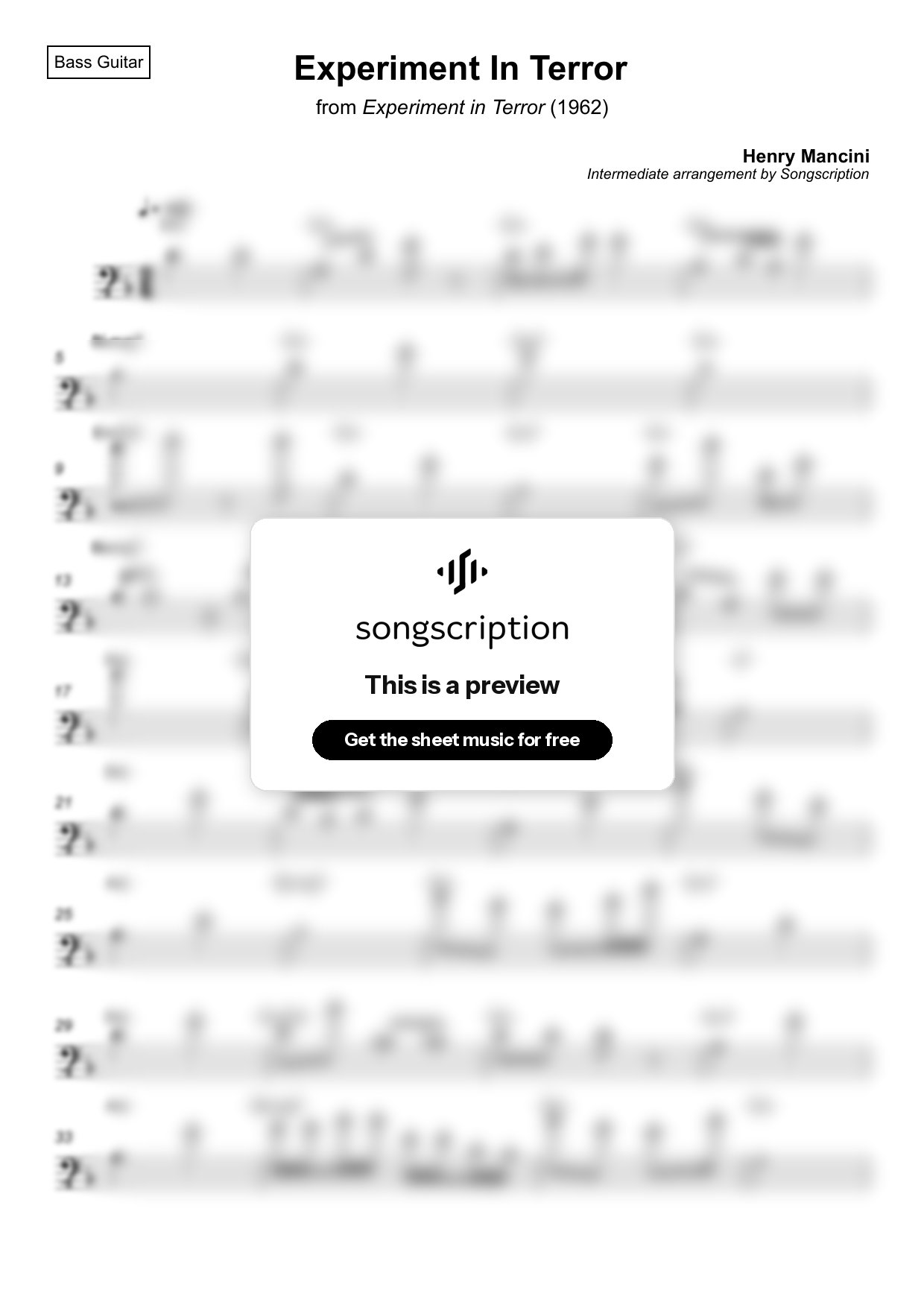 Intermediate Bass Guitar Sheet Music for "Experiment In Terror" by Henry Mancini