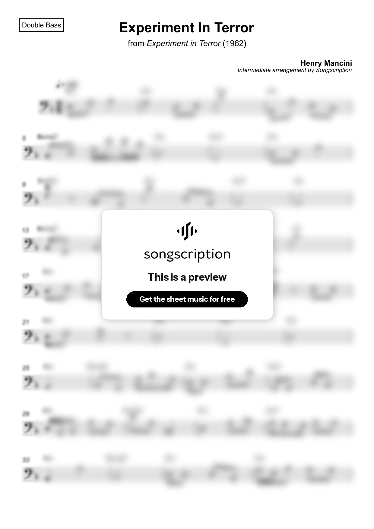 Intermediate Double Bass Sheet Music for "Experiment In Terror" by Henry Mancini