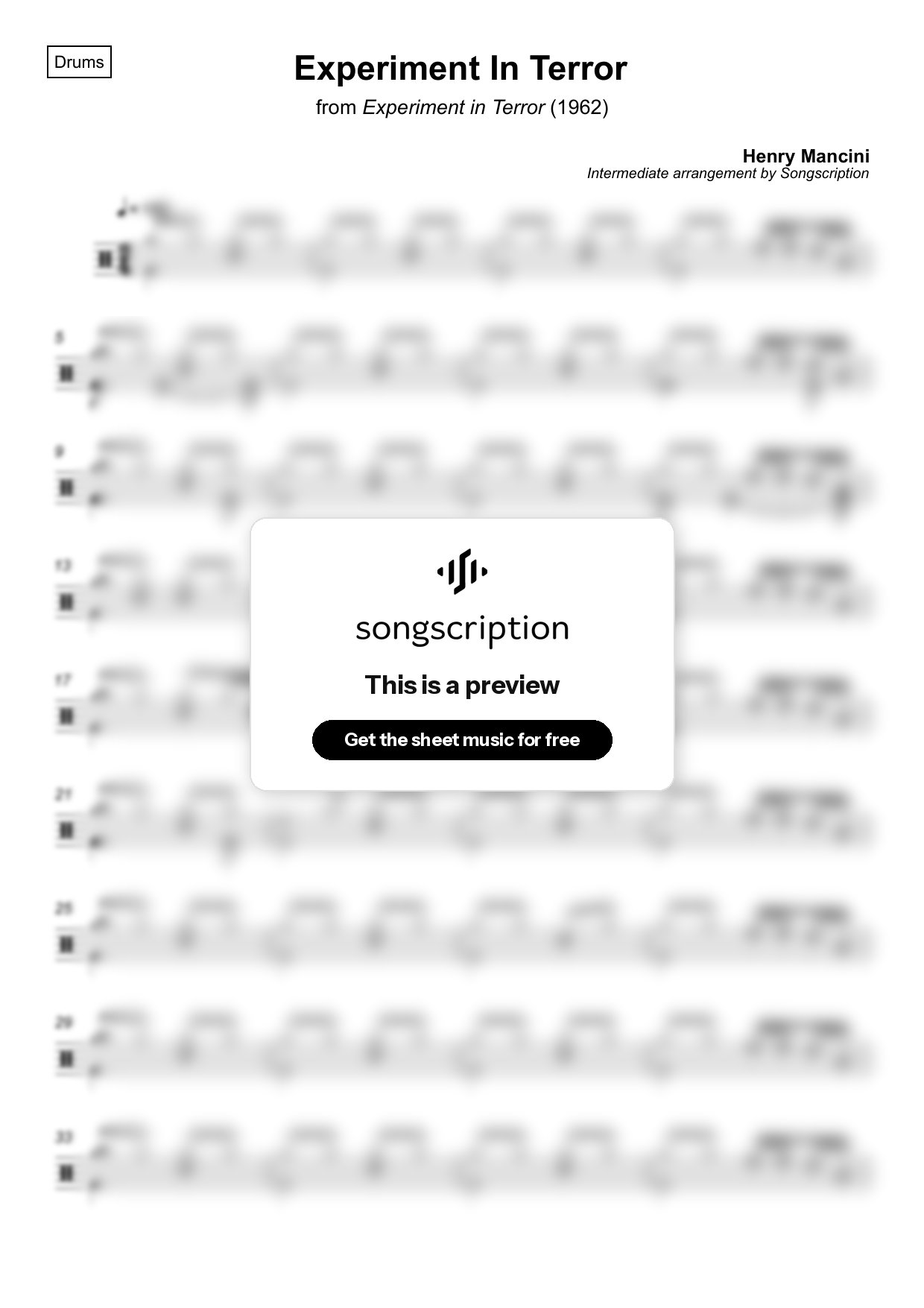 Intermediate Drums Sheet Music for "Experiment In Terror" by Henry Mancini