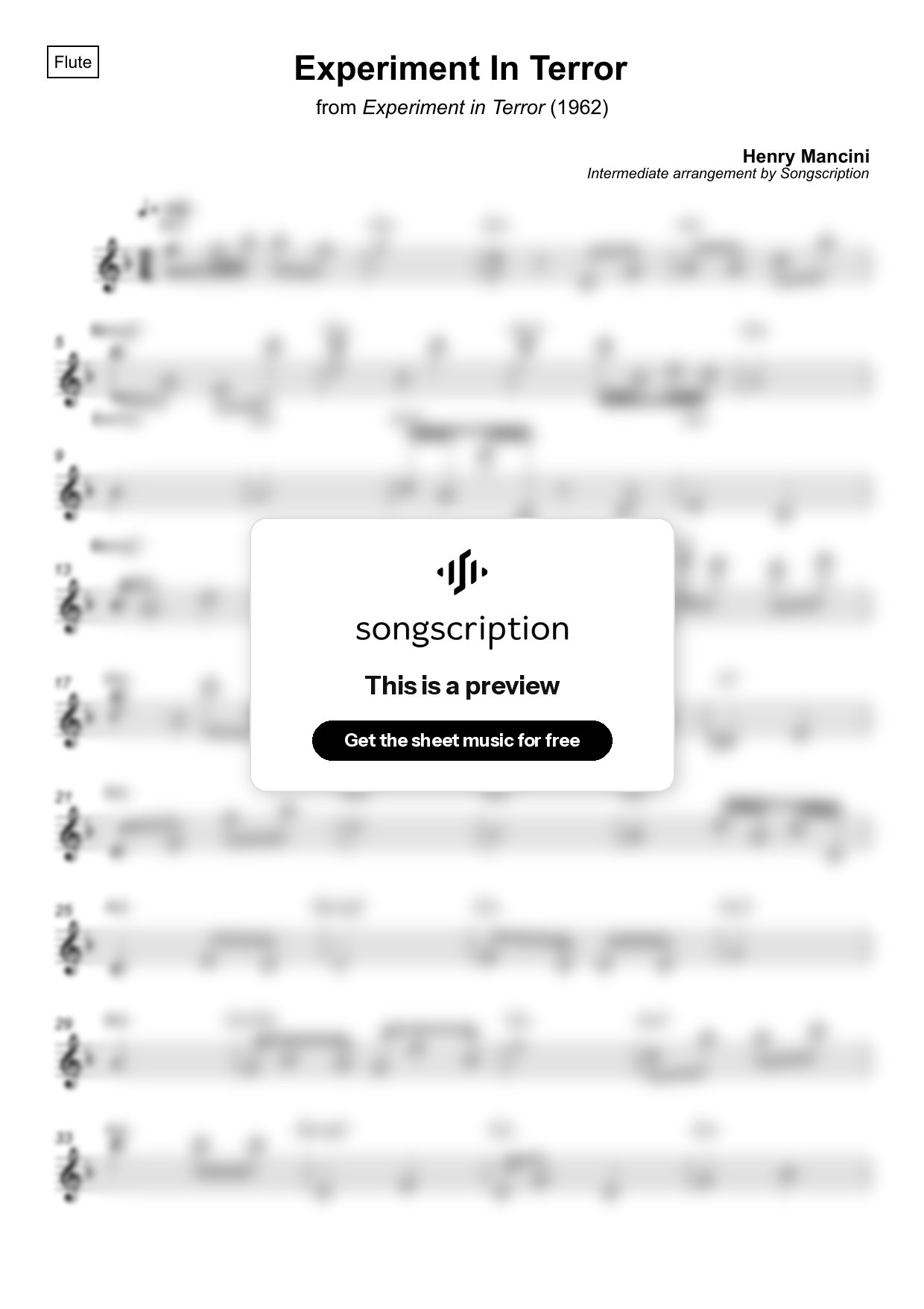 Intermediate Flute Sheet Music for "Experiment In Terror" by Henry Mancini