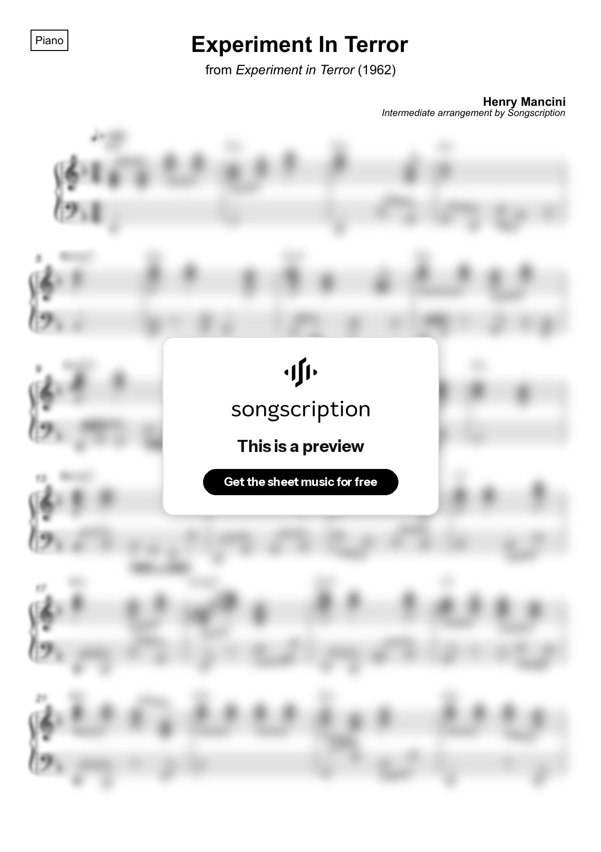 Intermediate Piano Sheet Music for "Experiment In Terror" by Henry Mancini