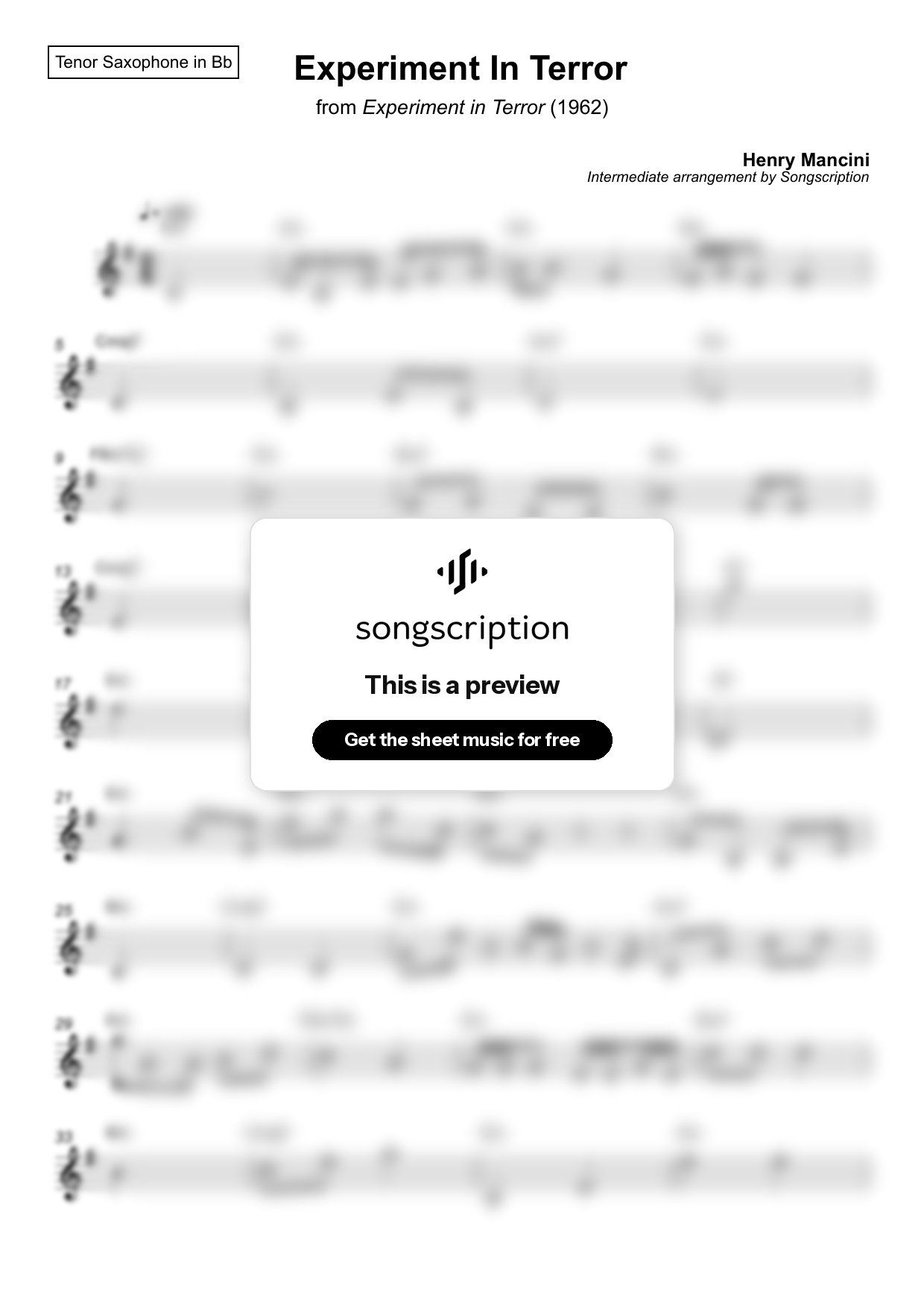 Intermediate Tenor Sax Sheet Music for "Experiment In Terror" by Henry Mancini