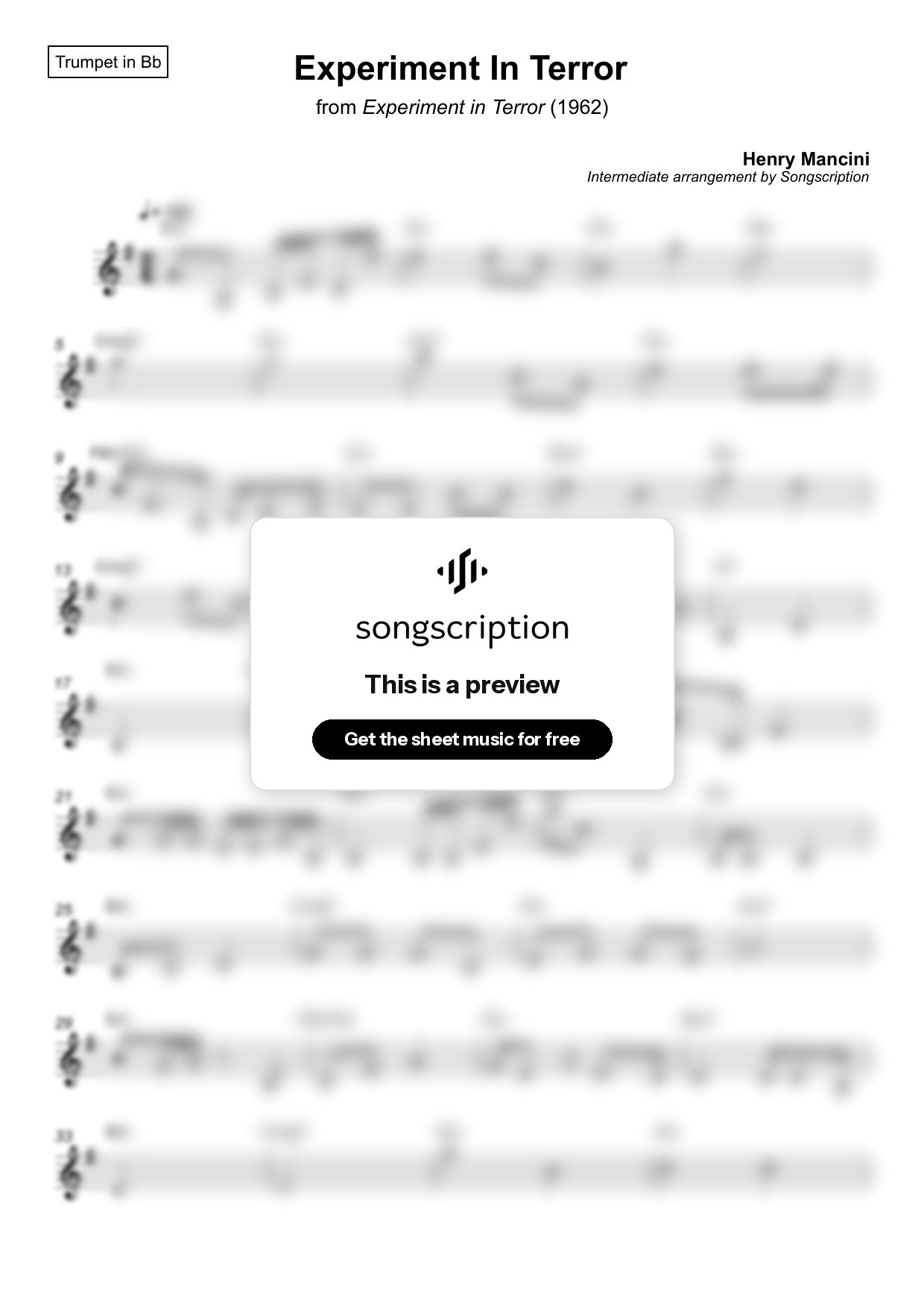 Intermediate Trumpet Sheet Music for "Experiment In Terror" by Henry Mancini