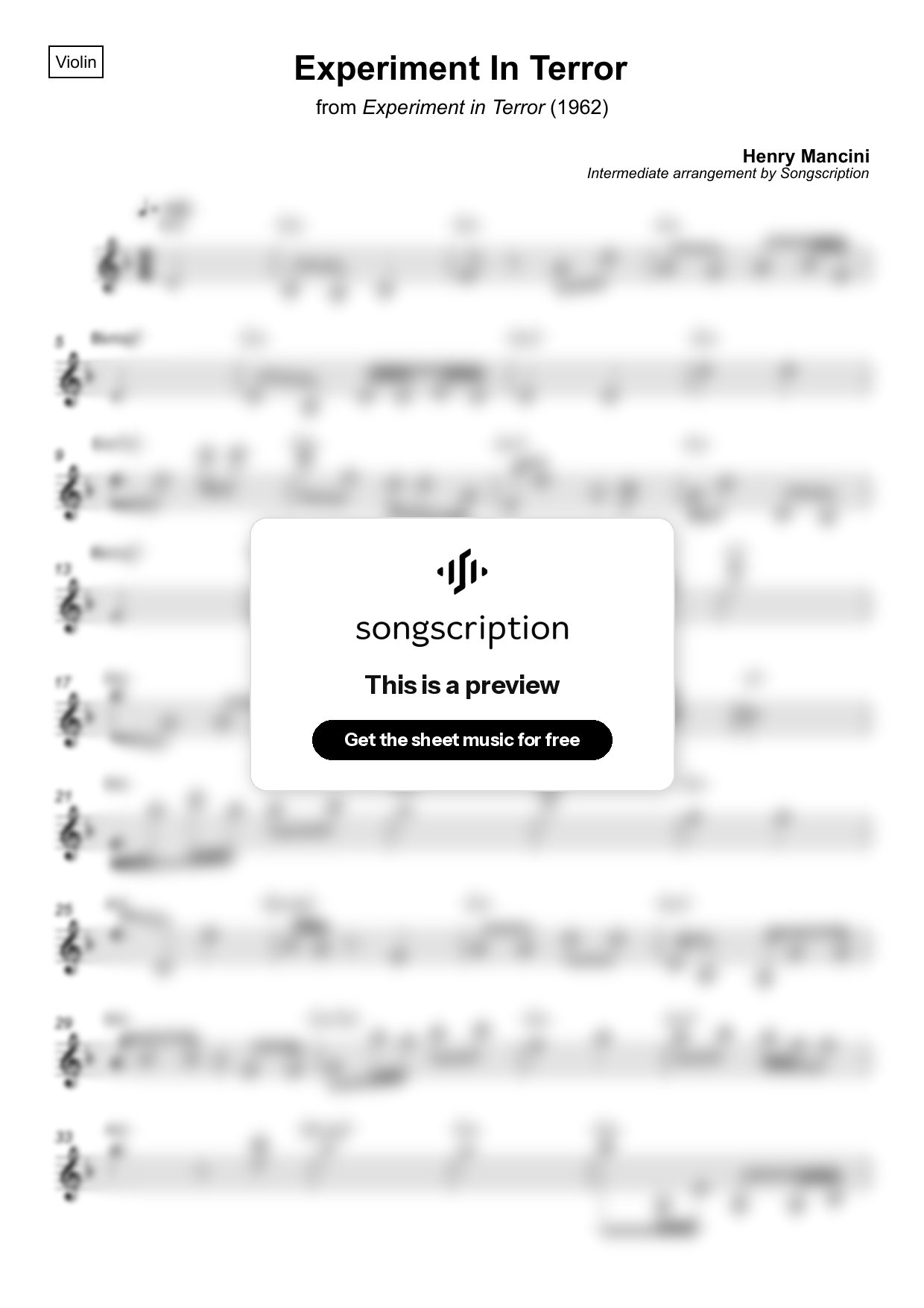 Intermediate Violin Sheet Music for "Experiment In Terror" by Henry Mancini
