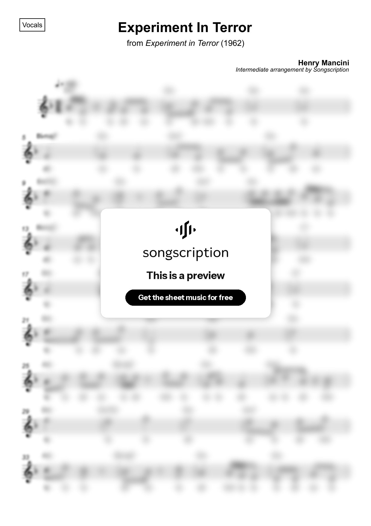 Intermediate Vocals Sheet Music for "Experiment In Terror" by Henry Mancini