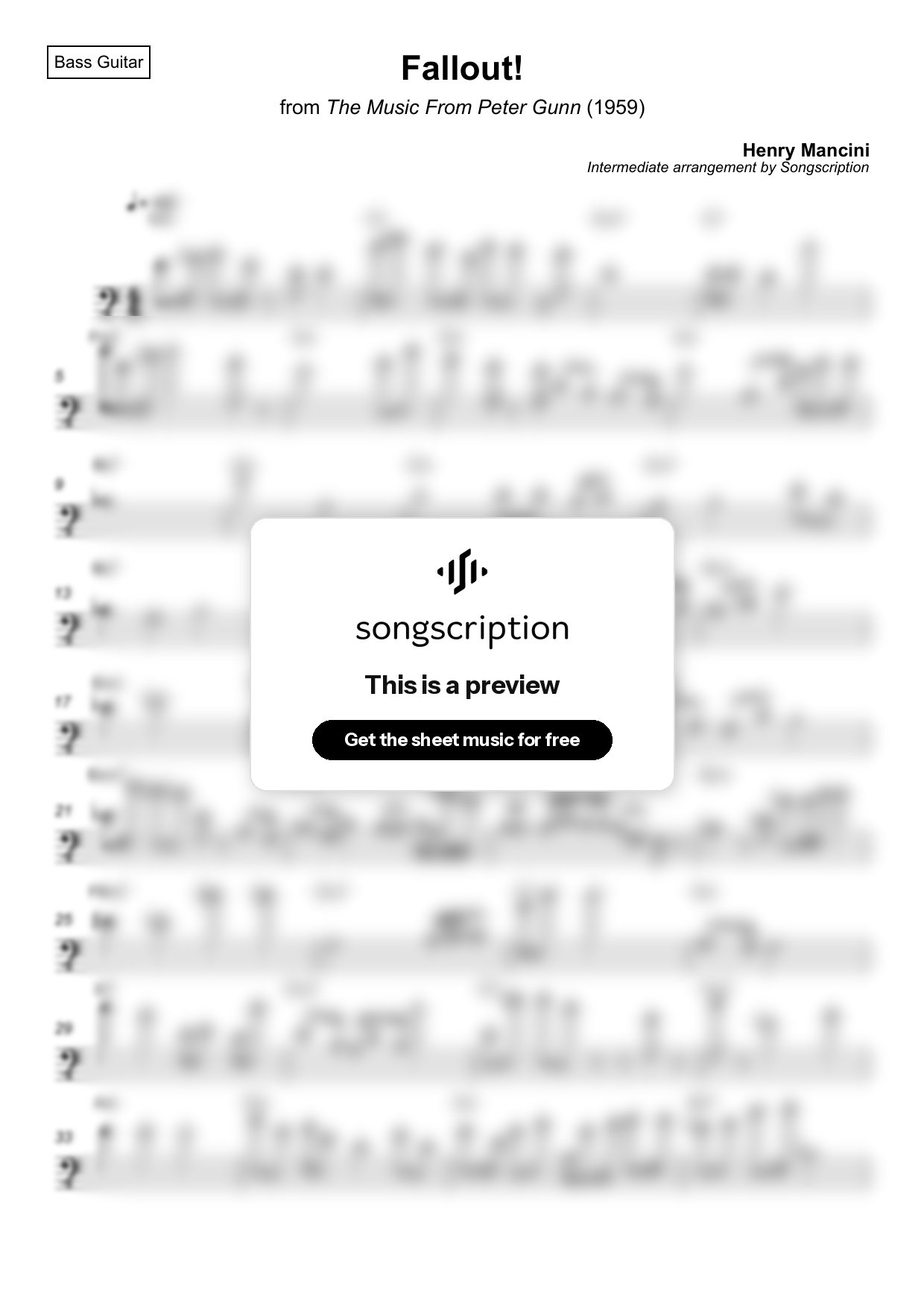 Intermediate Bass Guitar Sheet Music for "Fallout!" by Henry Mancini