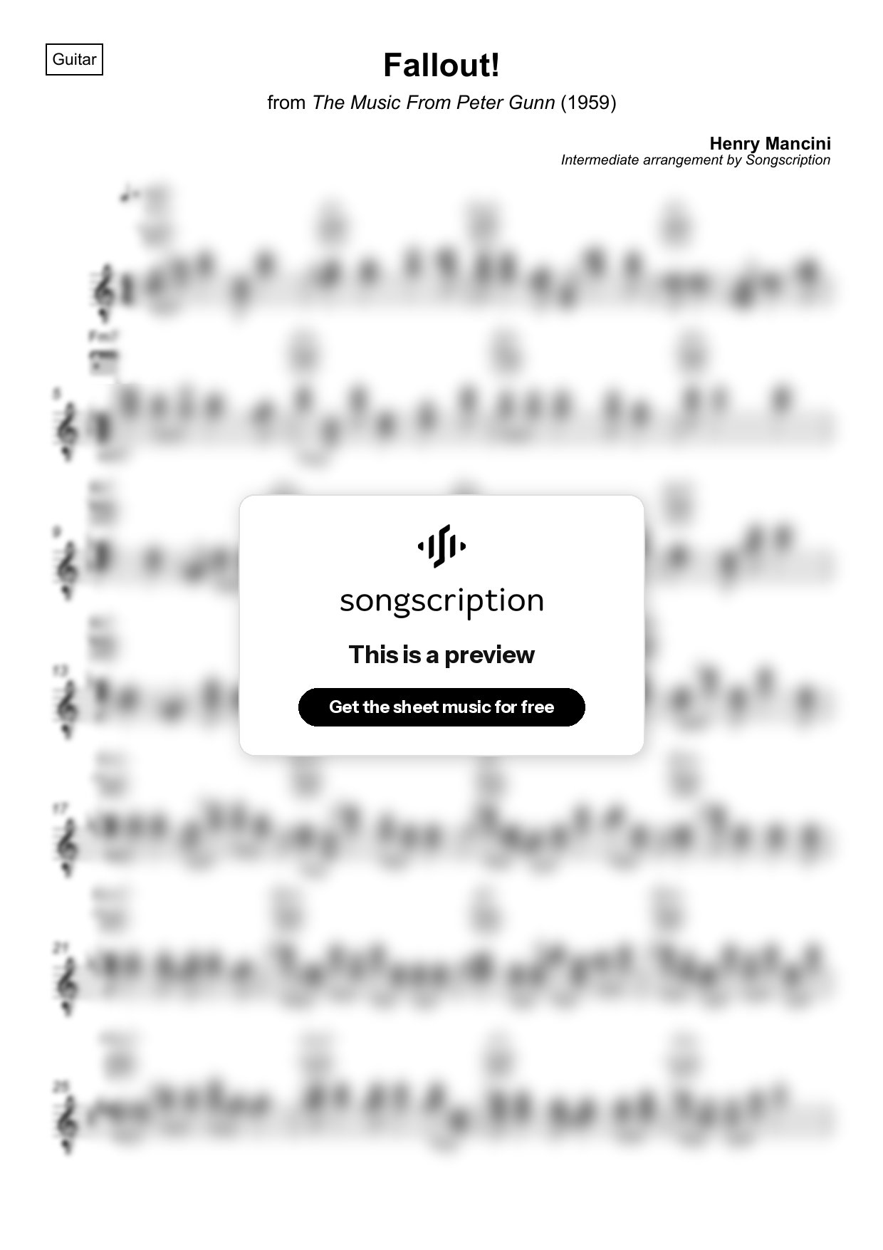 Intermediate Acoustic Guitar Sheet Music for "Fallout!" by Henry Mancini
