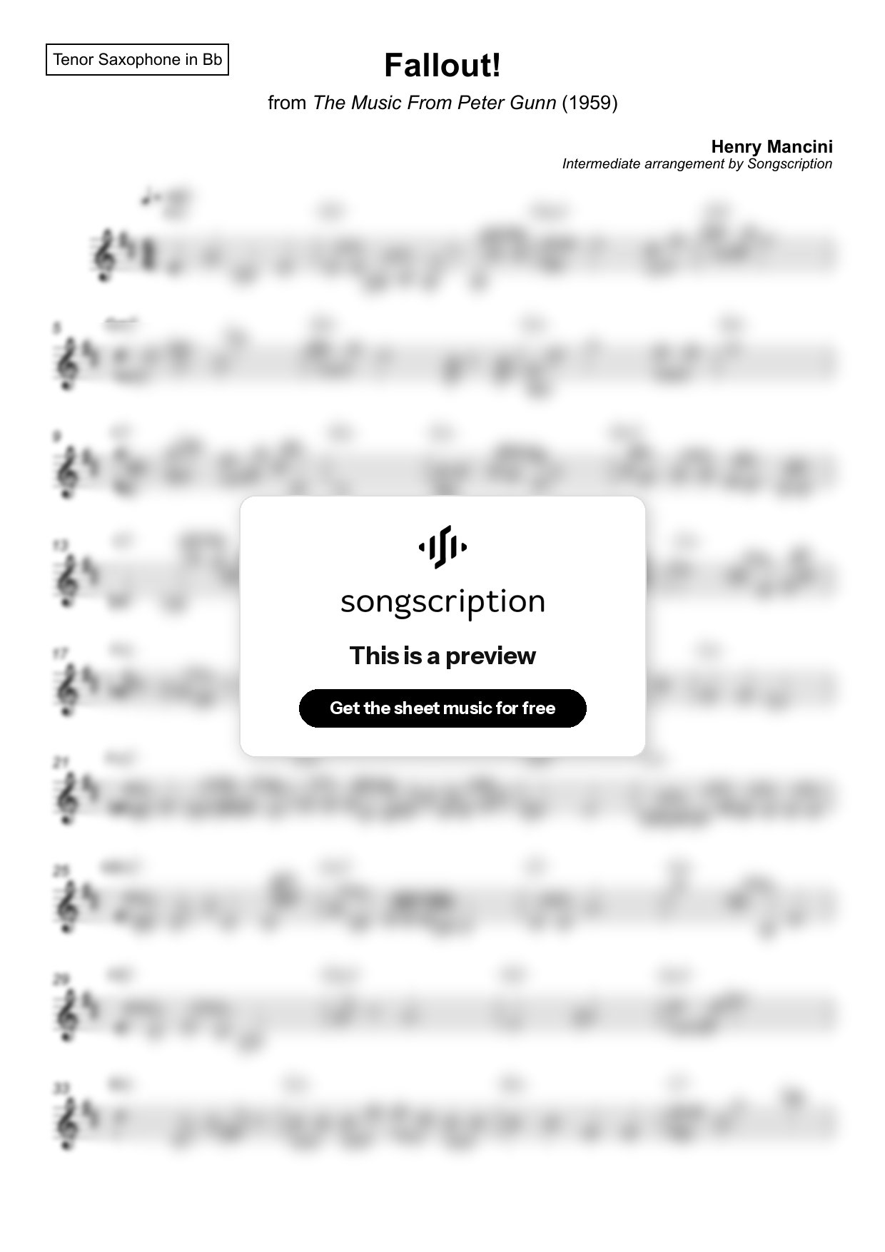 Intermediate Tenor Sax Sheet Music for "Fallout!" by Henry Mancini