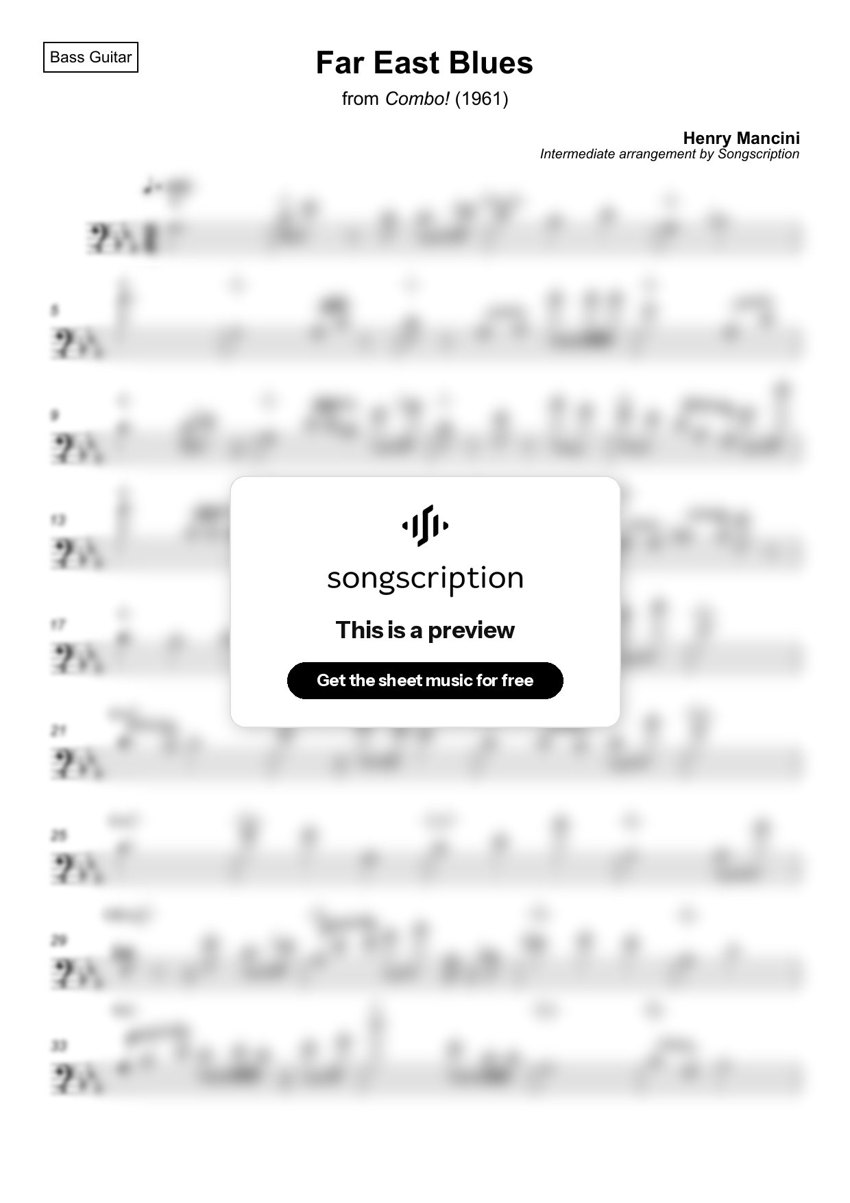 Intermediate Bass Guitar Sheet Music for "Far East Blues" by Henry Mancini