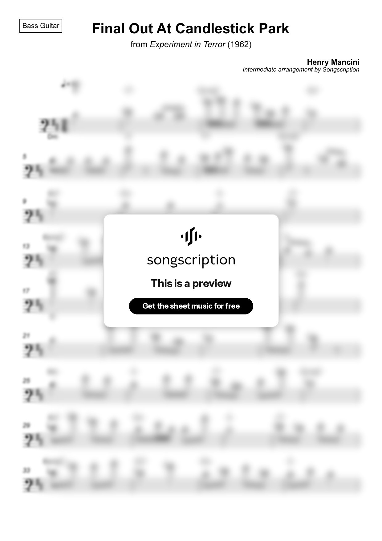 Intermediate Bass Guitar Sheet Music for "Final Out At Candlestick Park" by Henry Mancini