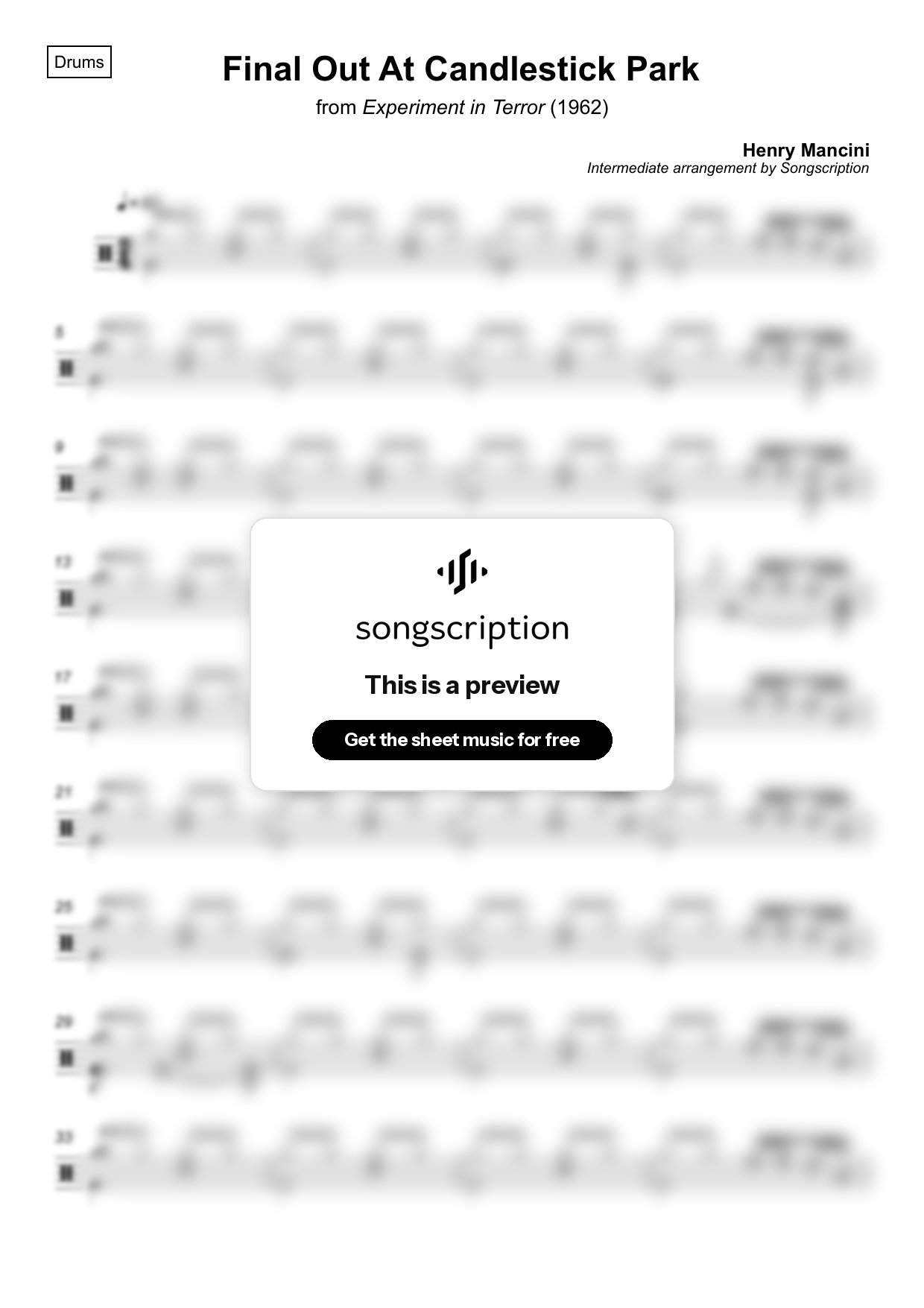 Intermediate Drums Sheet Music for "Final Out At Candlestick Park" by Henry Mancini