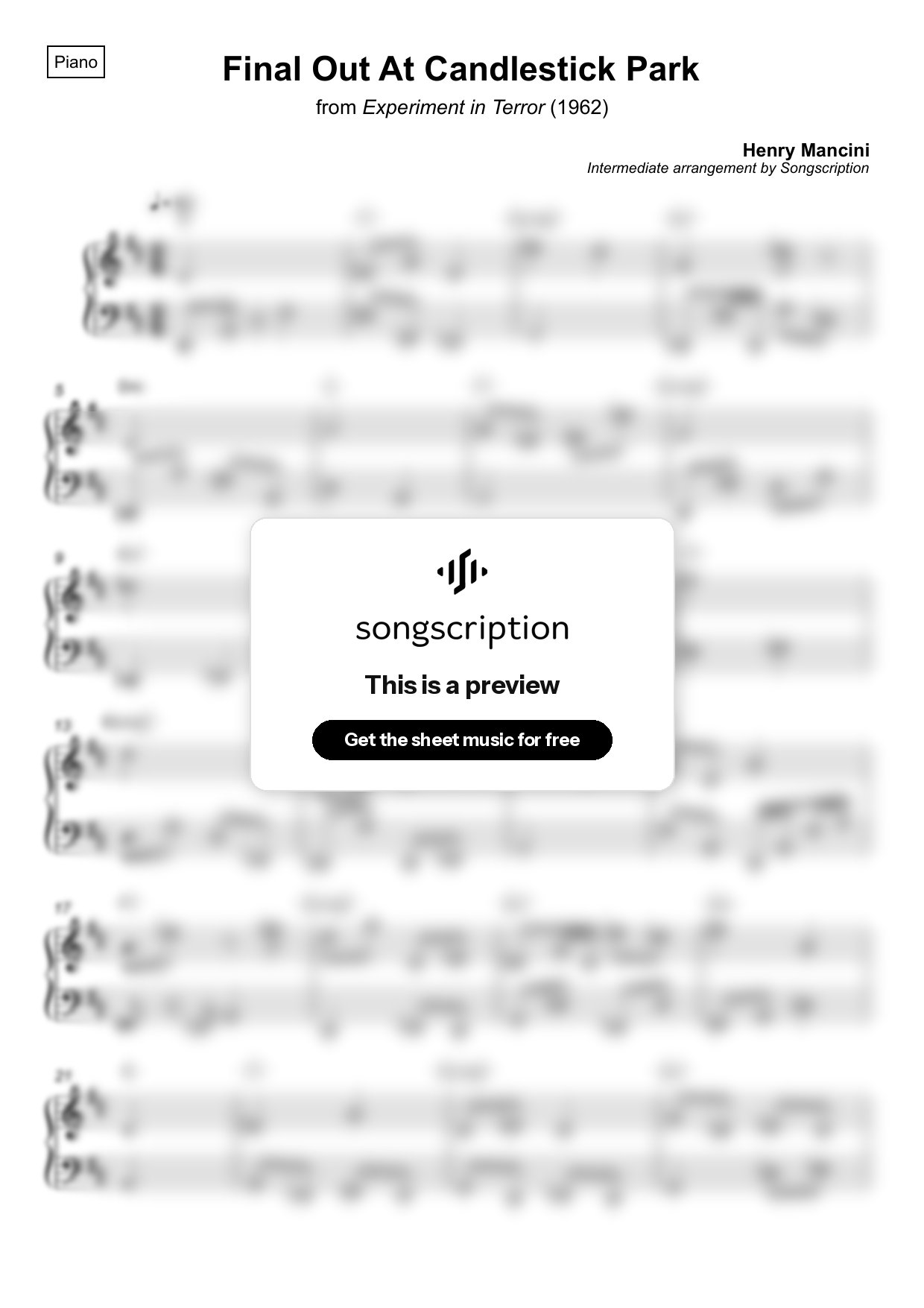 Intermediate Piano Sheet Music for "Final Out At Candlestick Park" by Henry Mancini