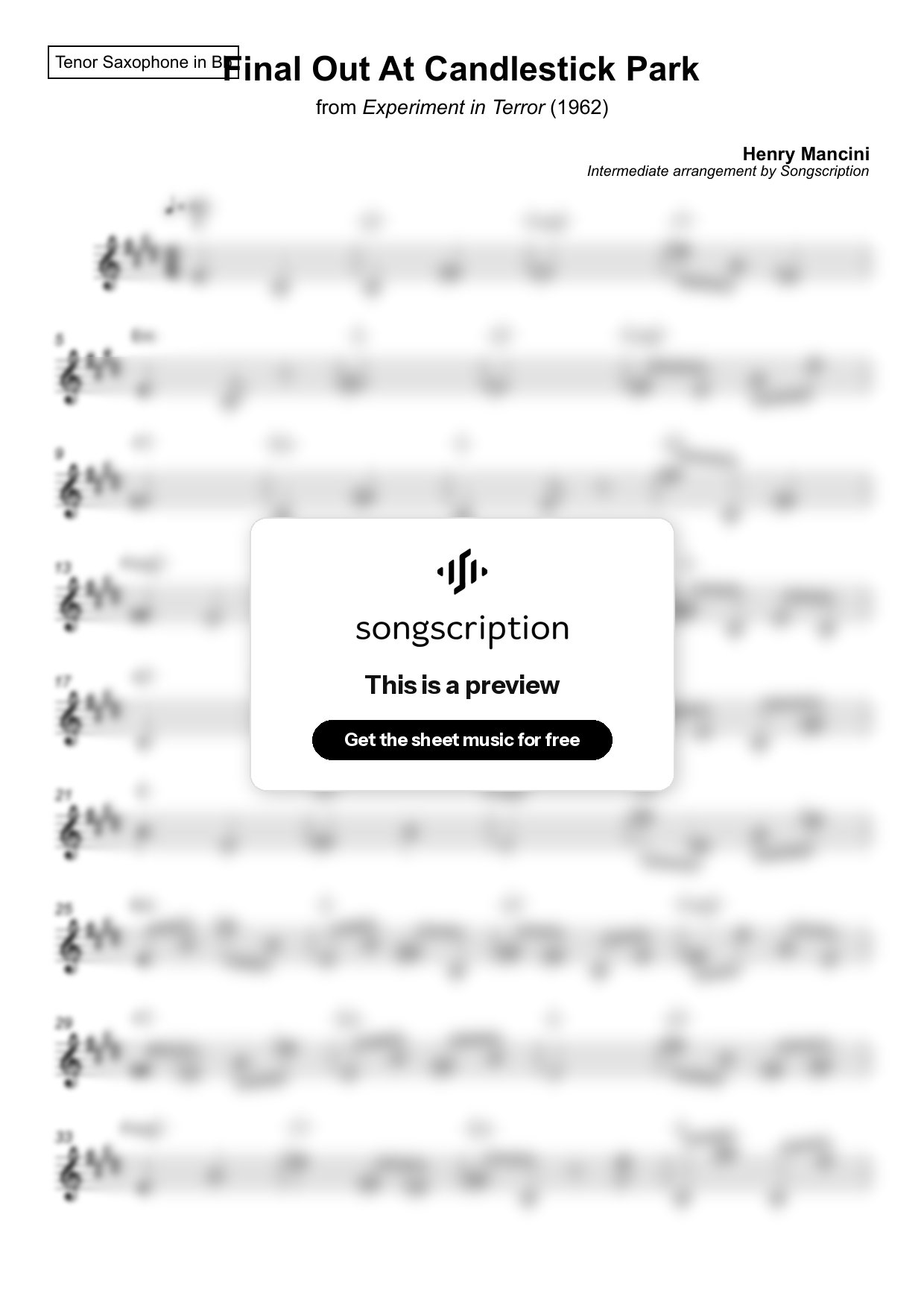 Intermediate Tenor Sax Sheet Music for "Final Out At Candlestick Park" by Henry Mancini