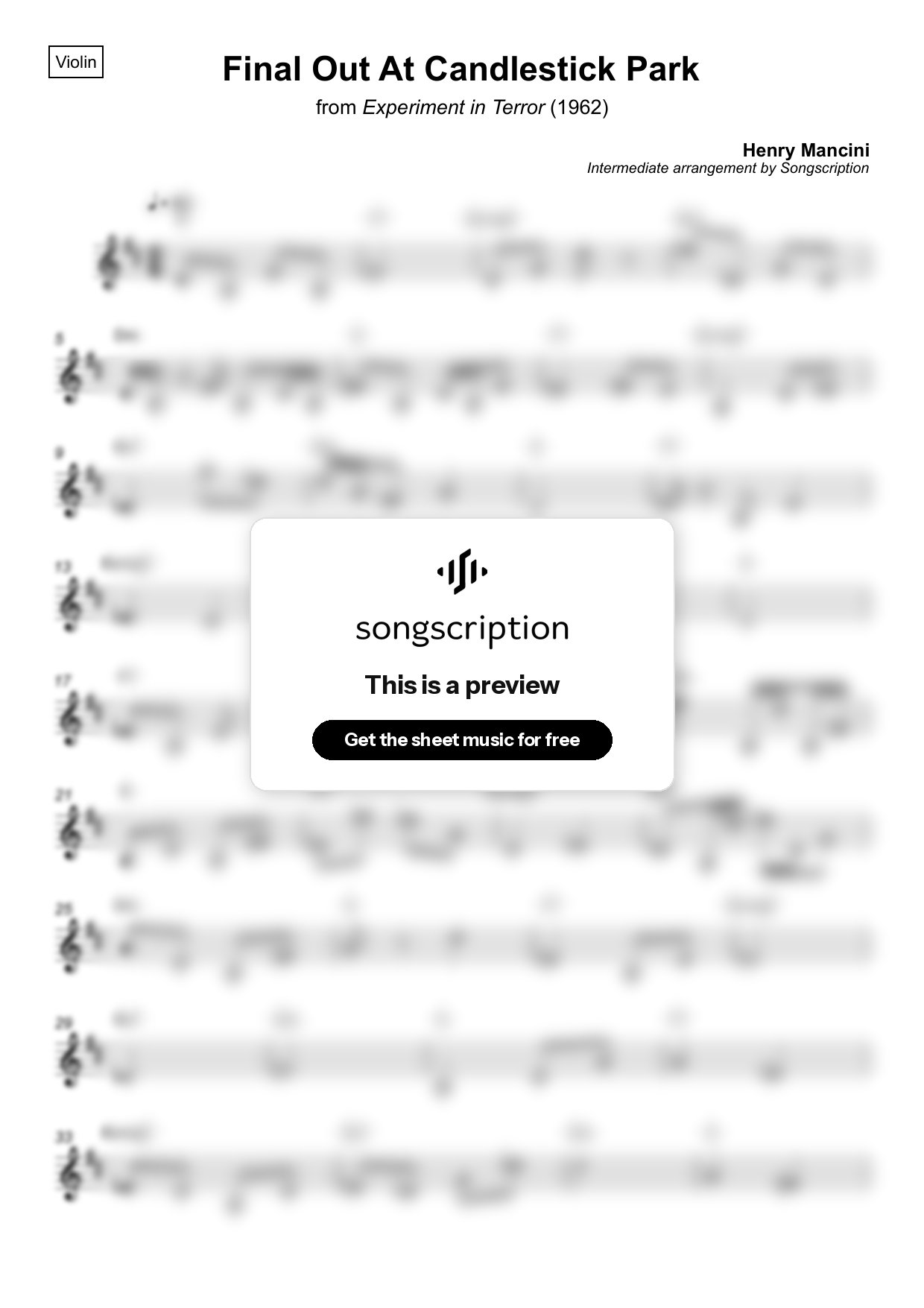 Intermediate Violin Sheet Music for "Final Out At Candlestick Park" by Henry Mancini