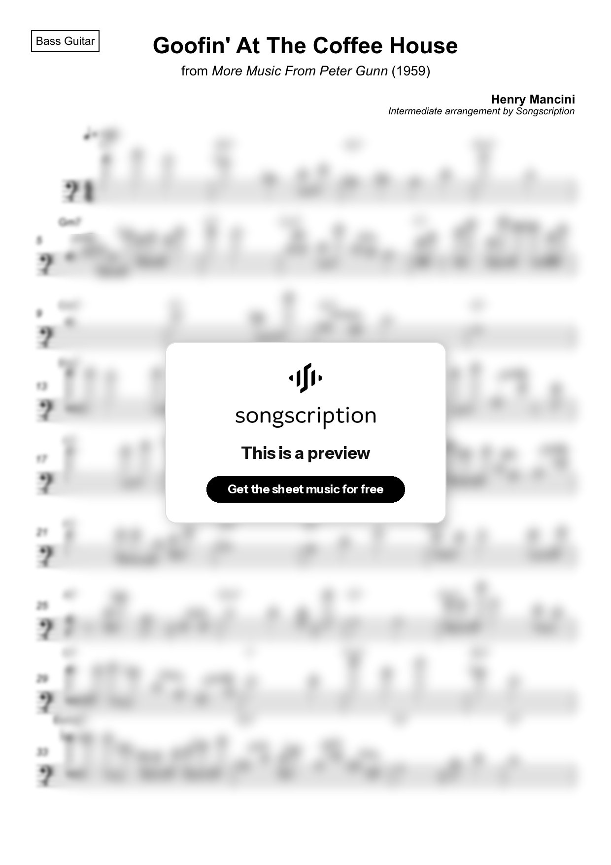 Intermediate Bass Guitar Sheet Music for "Goofin' At The Coffee House" by Henry Mancini