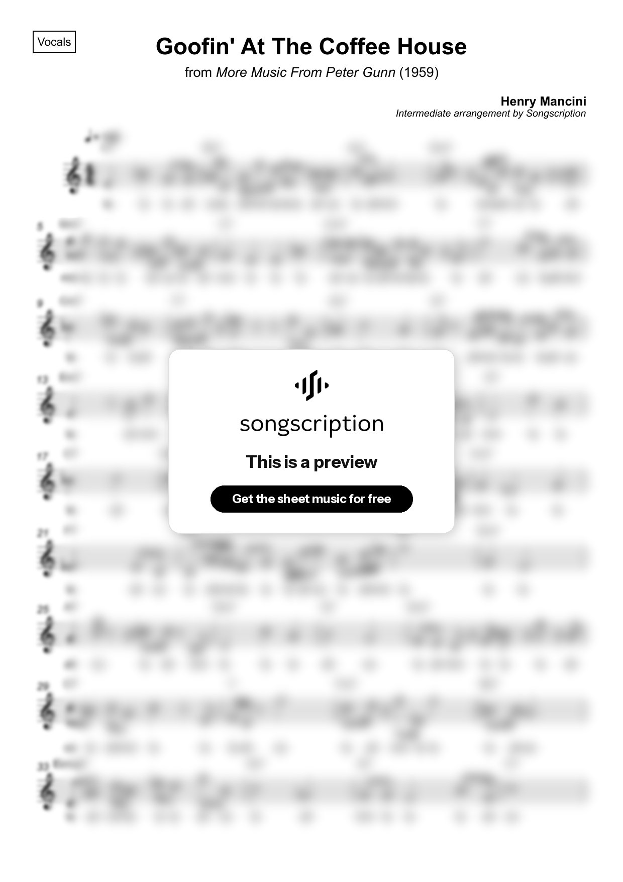 Intermediate Vocals Sheet Music for "Goofin' At The Coffee House" by Henry Mancini