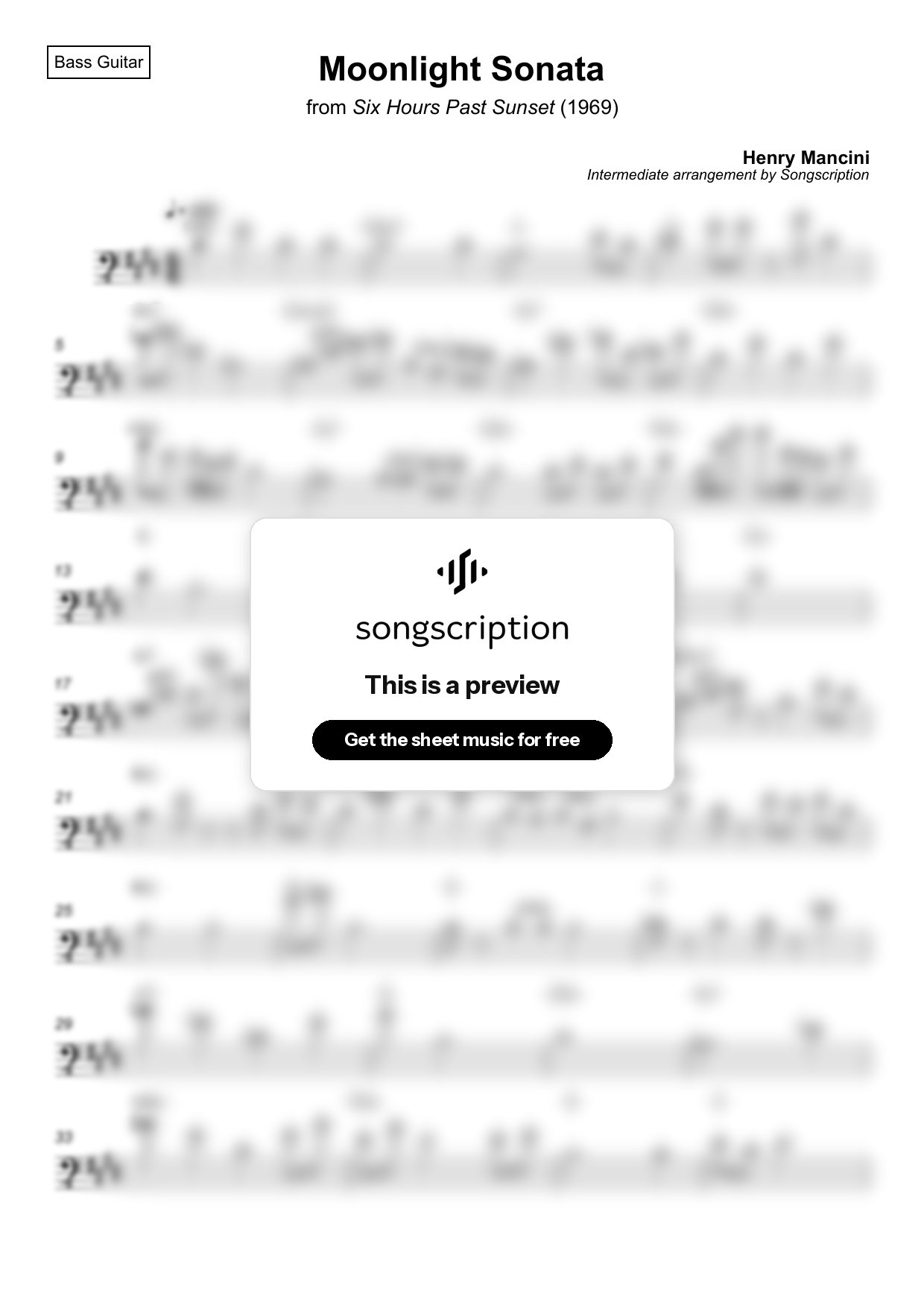 Intermediate Bass Guitar Sheet Music for "Moonlight Sonata" by Henry Mancini