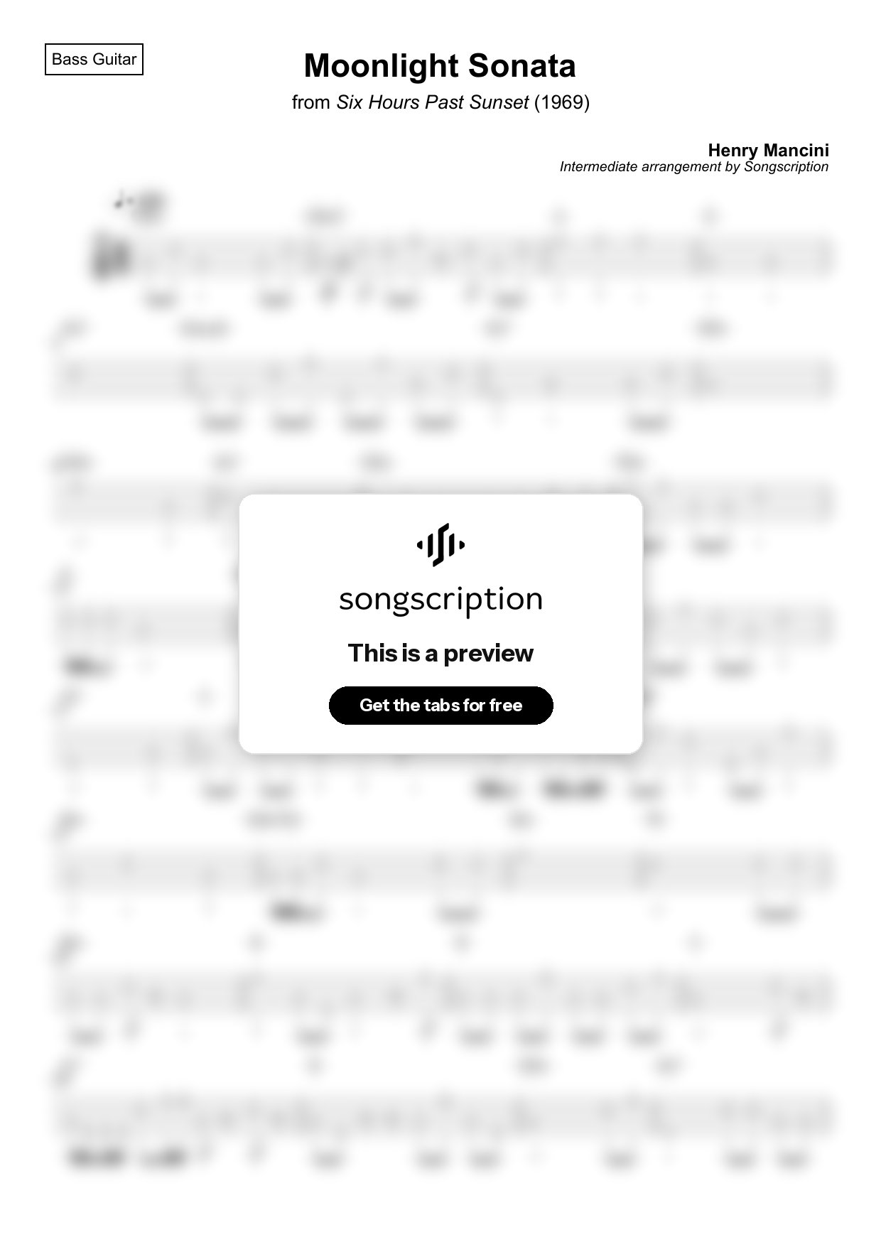 Intermediate Bass Guitar Tabs for "Moonlight Sonata" by Henry Mancini