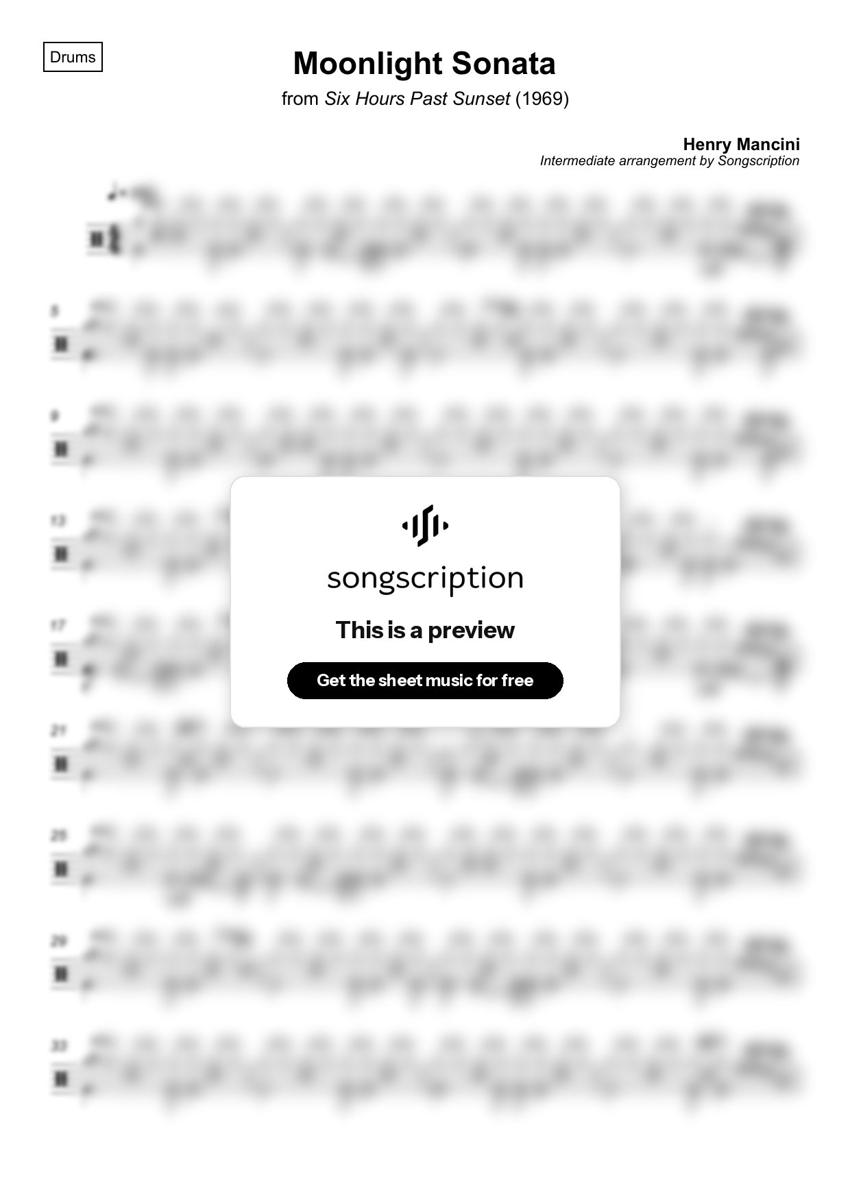 Intermediate Drums Sheet Music for "Moonlight Sonata" by Henry Mancini