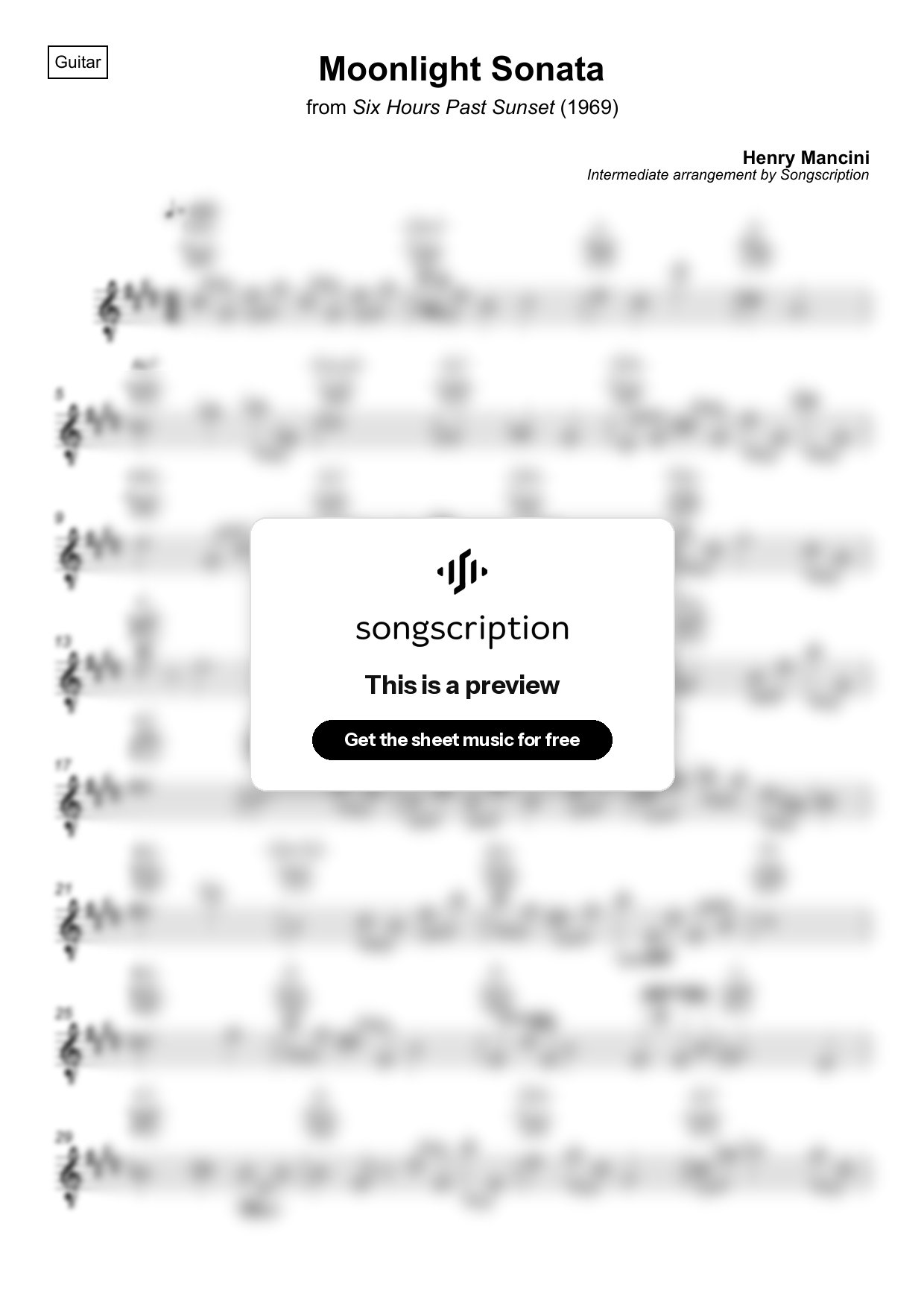 Intermediate Acoustic Guitar Sheet Music for "Moonlight Sonata" by Henry Mancini