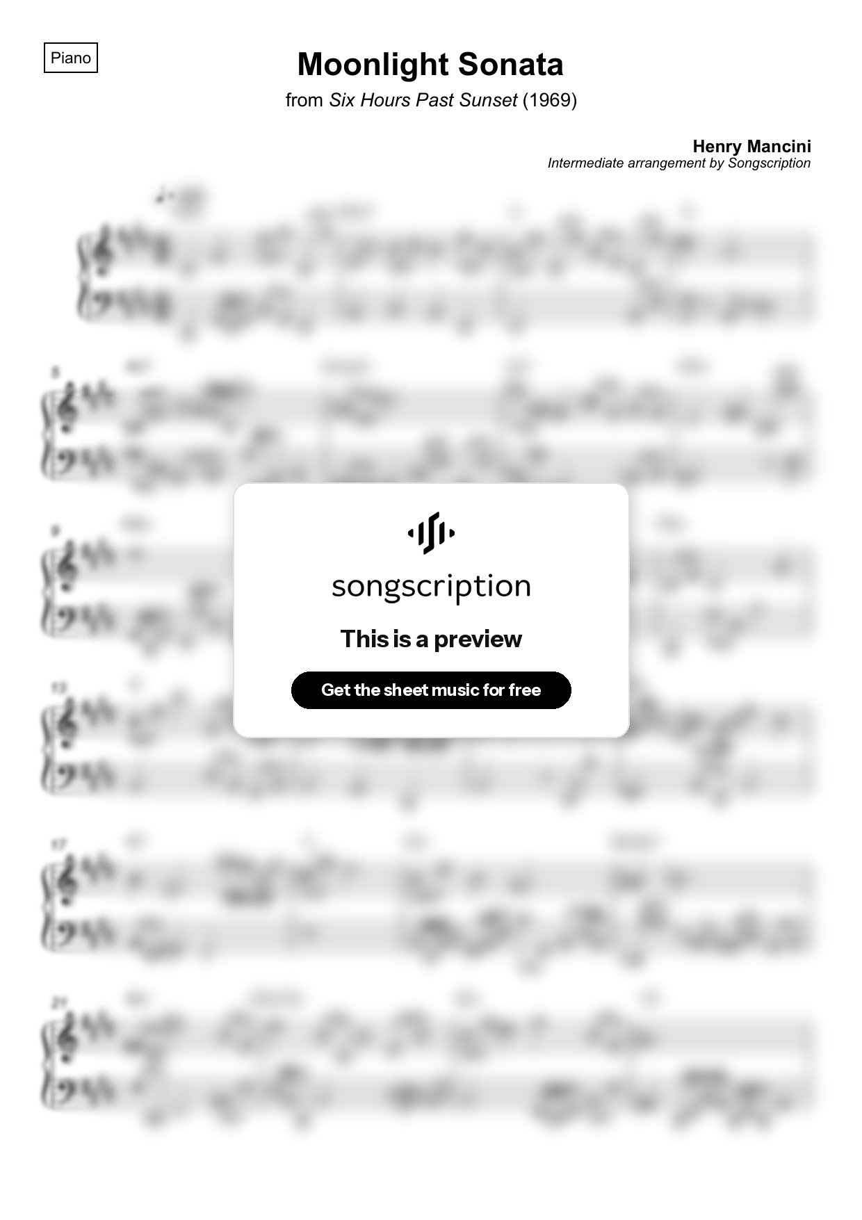 Intermediate Piano Sheet Music for "Moonlight Sonata" by Henry Mancini