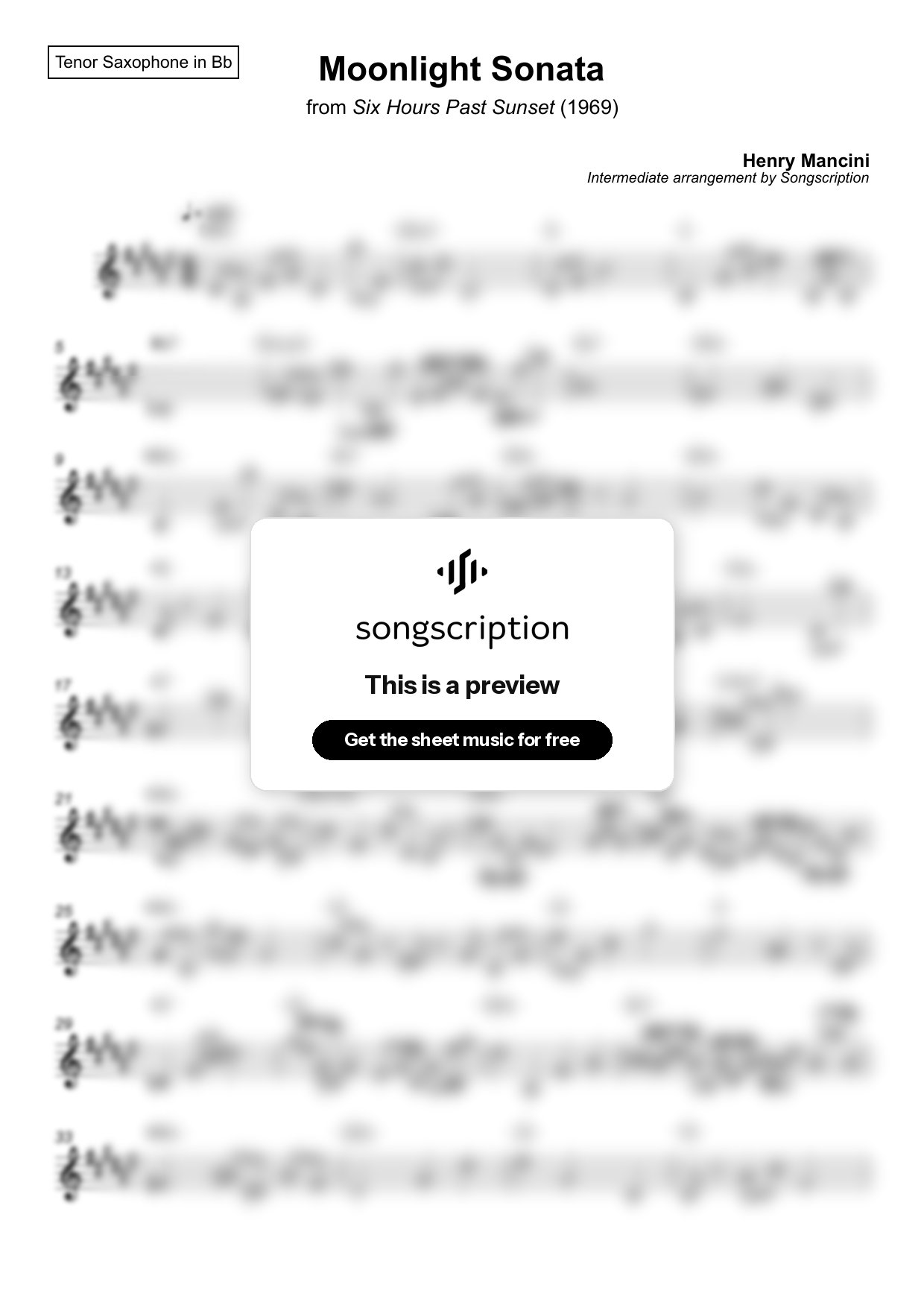 Intermediate Tenor Sax Sheet Music for "Moonlight Sonata" by Henry Mancini