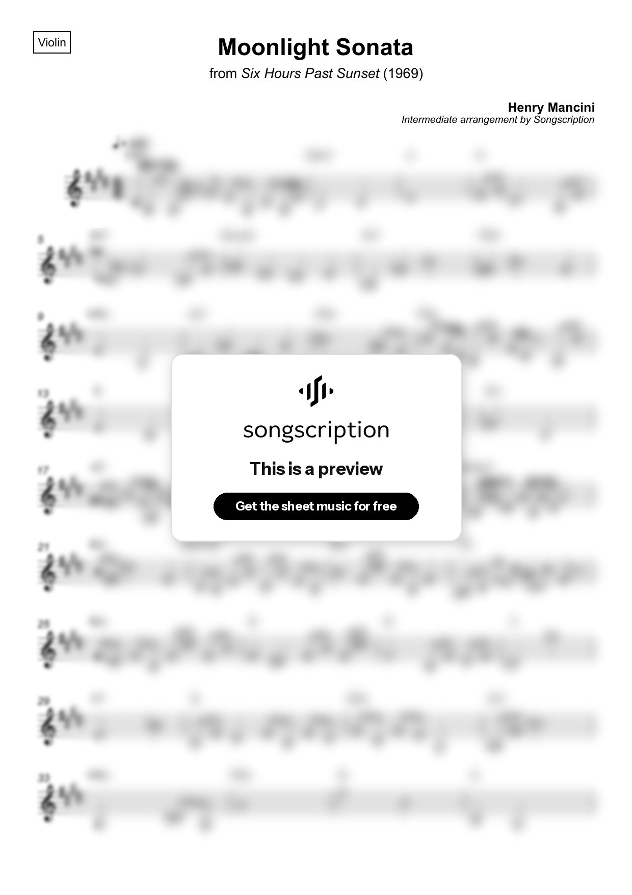 Intermediate Violin Sheet Music for "Moonlight Sonata" by Henry Mancini