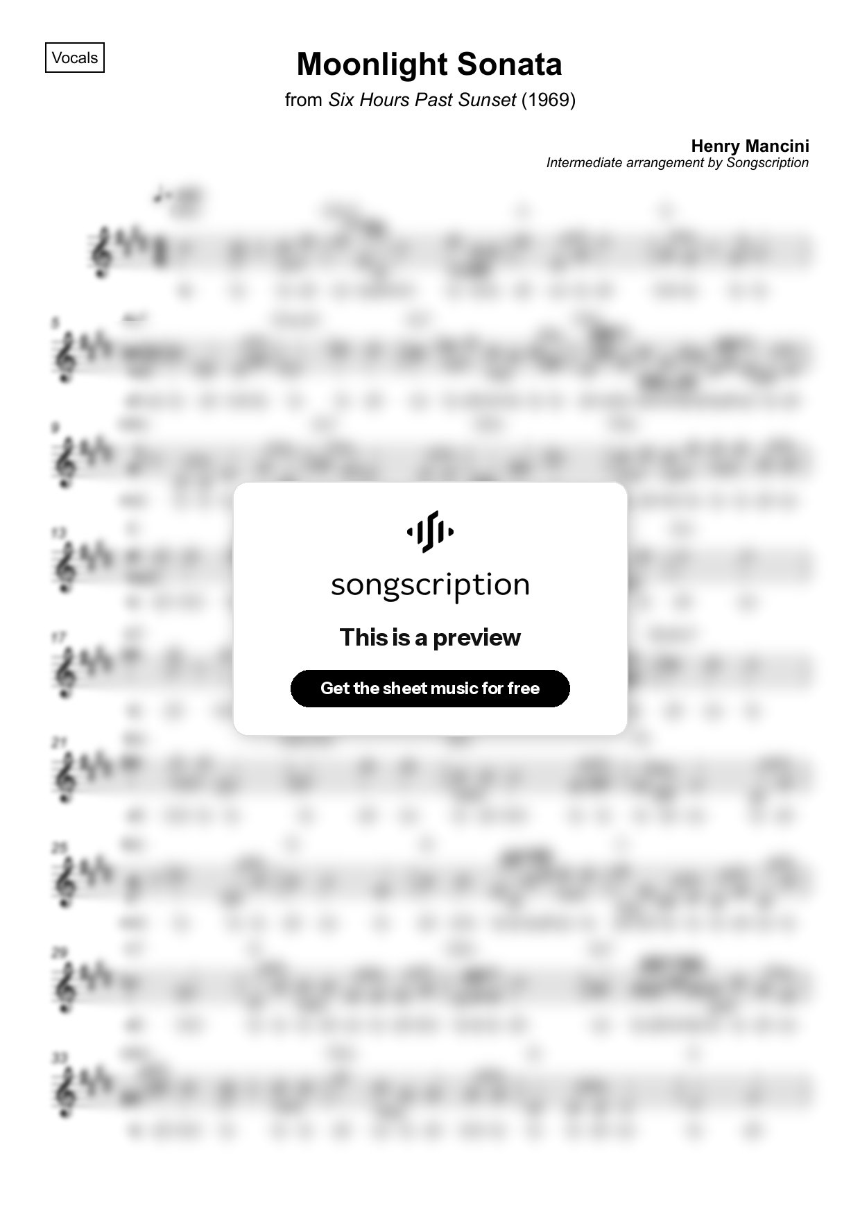 Intermediate Vocals Sheet Music for "Moonlight Sonata" by Henry Mancini