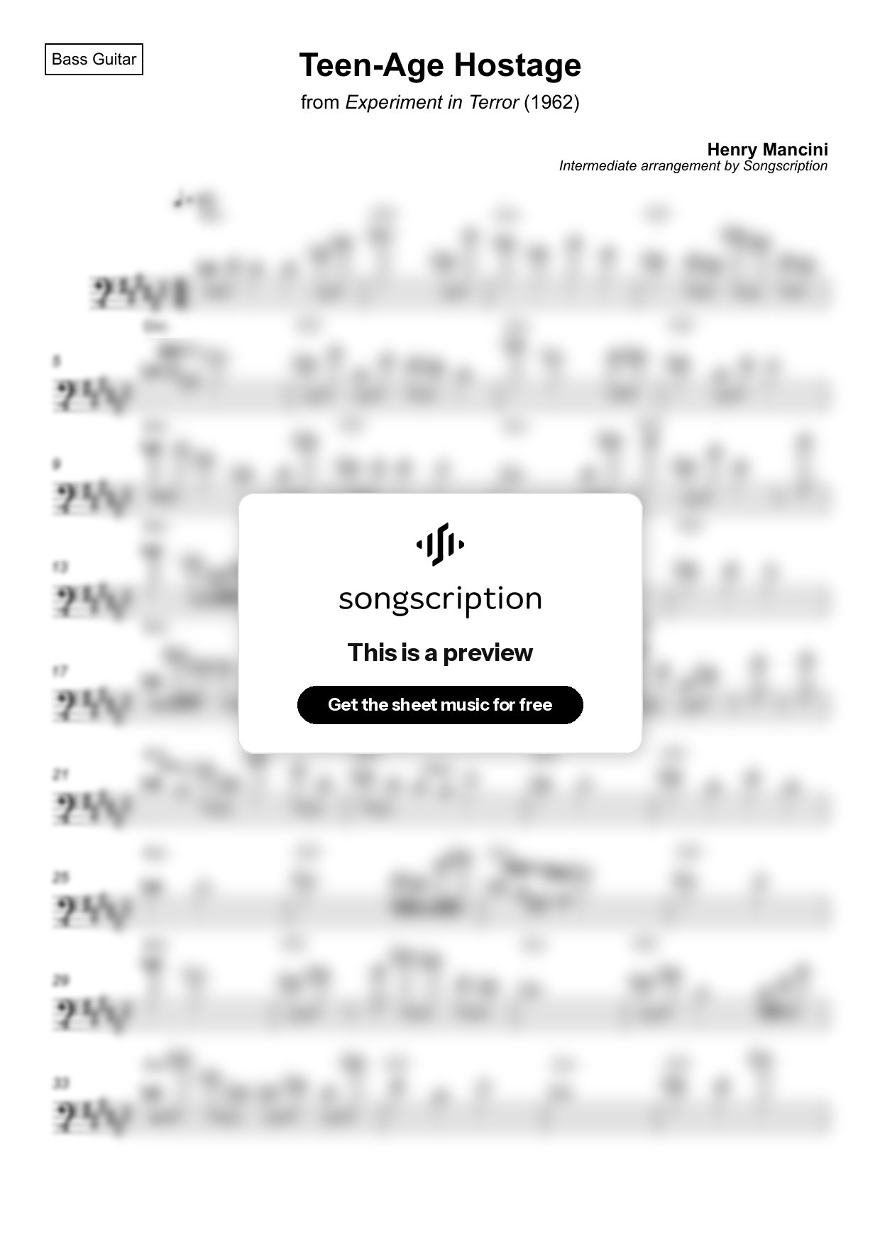 Intermediate Bass Guitar Sheet Music for "Teen-Age Hostage" by Henry Mancini