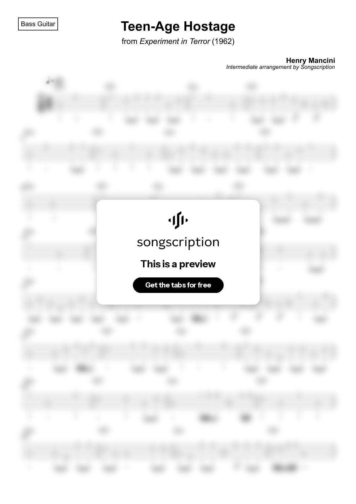 Intermediate Bass Guitar Tabs for "Teen-Age Hostage" by Henry Mancini