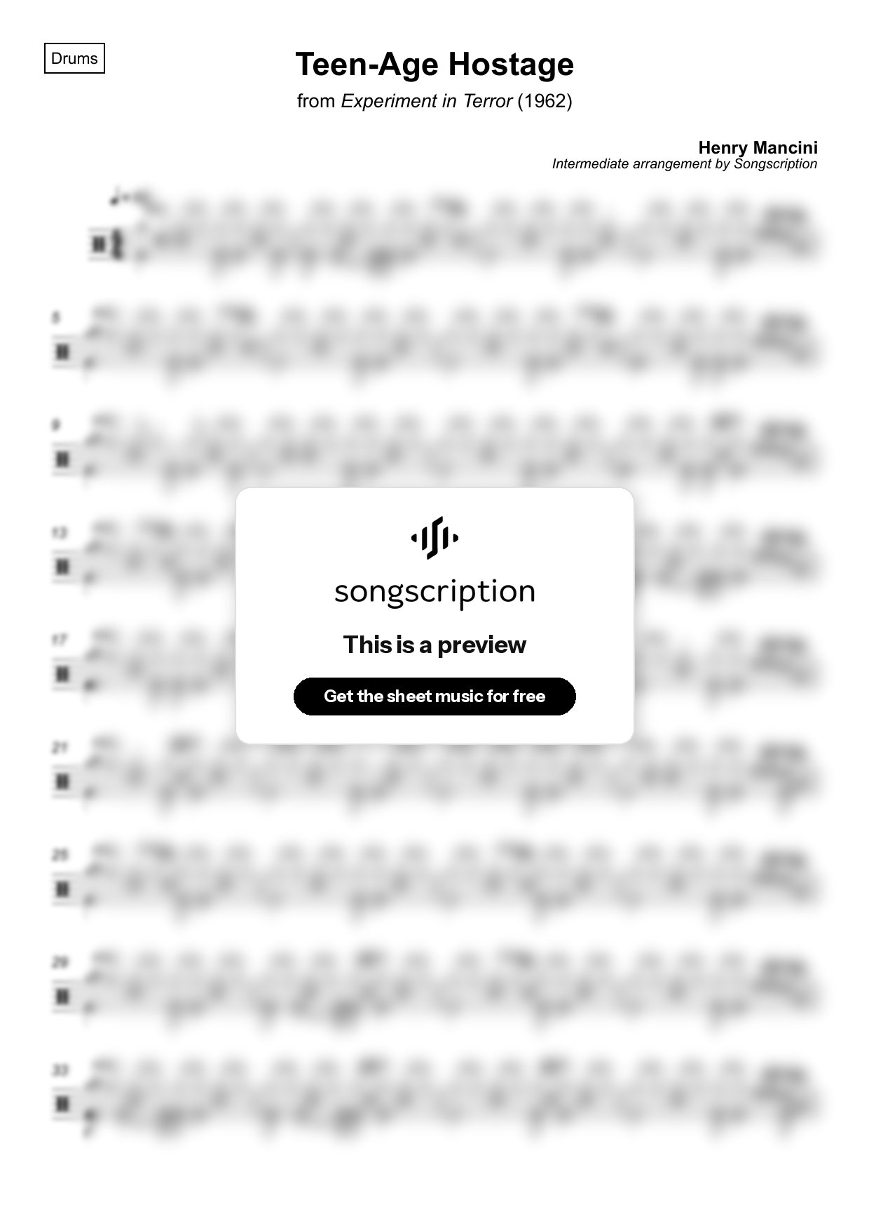 Intermediate Drums Sheet Music for "Teen-Age Hostage" by Henry Mancini