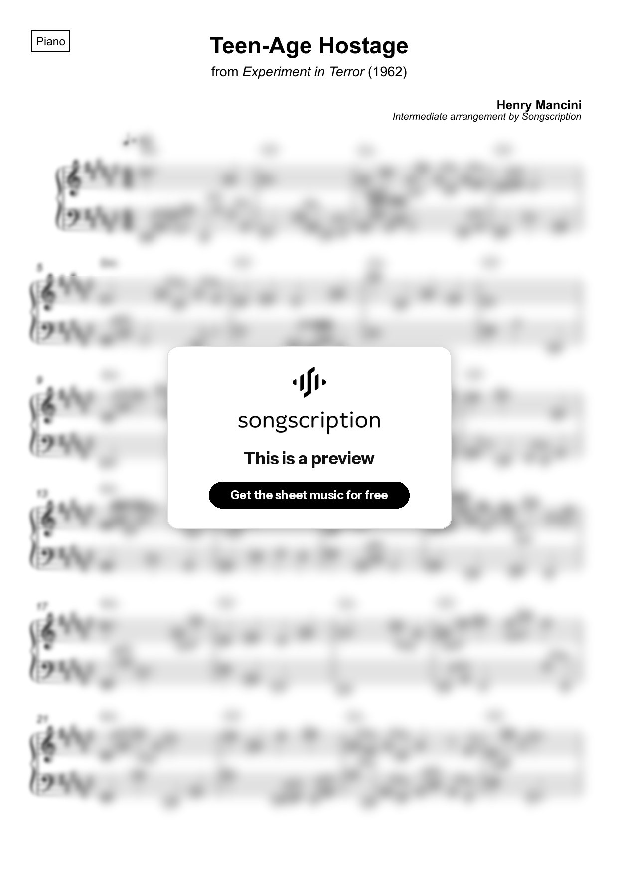 Intermediate Piano Sheet Music for "Teen-Age Hostage" by Henry Mancini