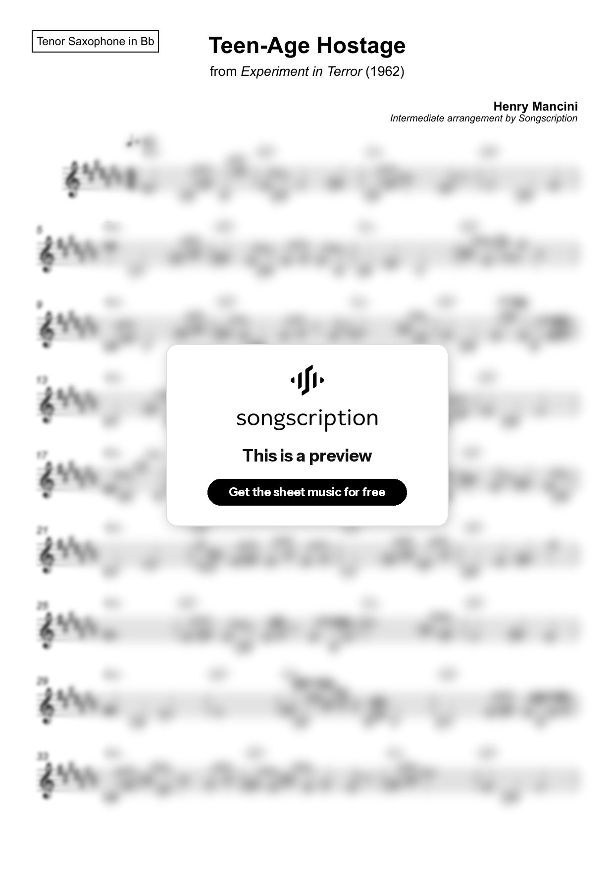 Intermediate Tenor Sax Sheet Music for "Teen-Age Hostage" by Henry Mancini