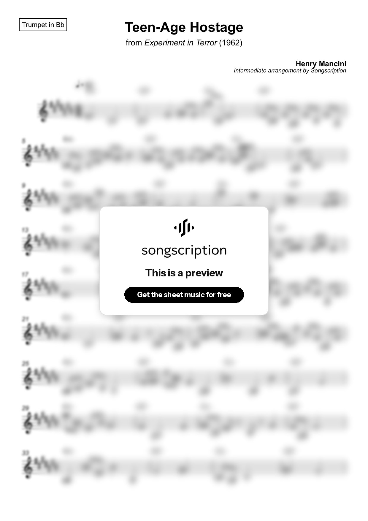 Intermediate Trumpet Sheet Music for "Teen-Age Hostage" by Henry Mancini