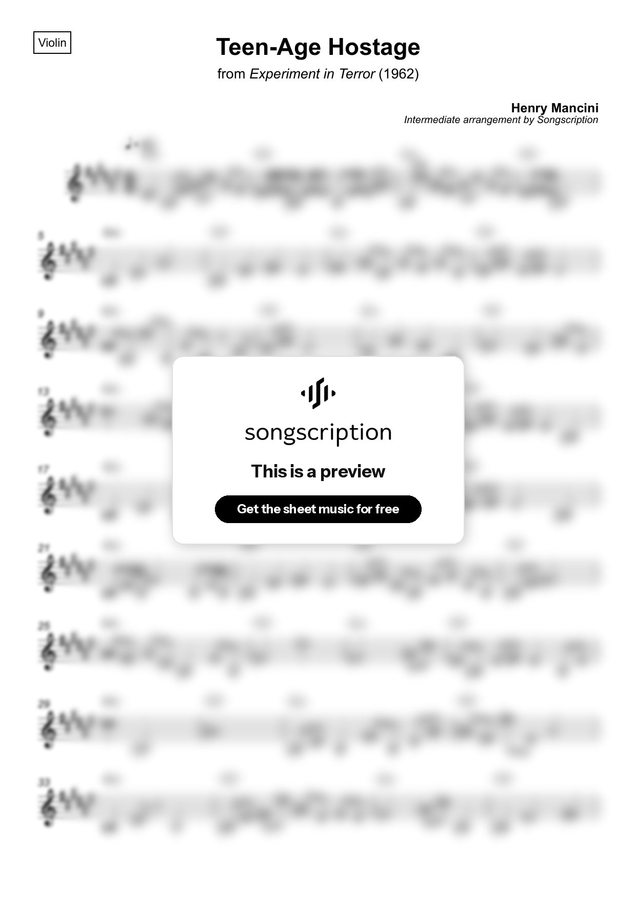 Intermediate Violin Sheet Music for "Teen-Age Hostage" by Henry Mancini