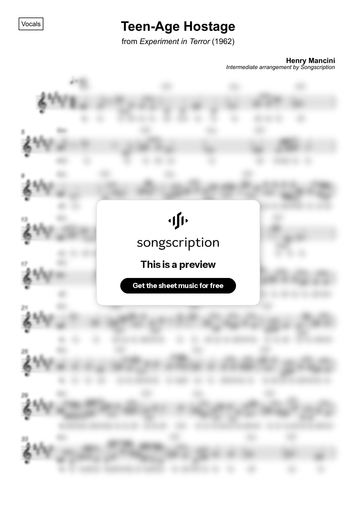 Intermediate Vocals Sheet Music for "Teen-Age Hostage" by Henry Mancini