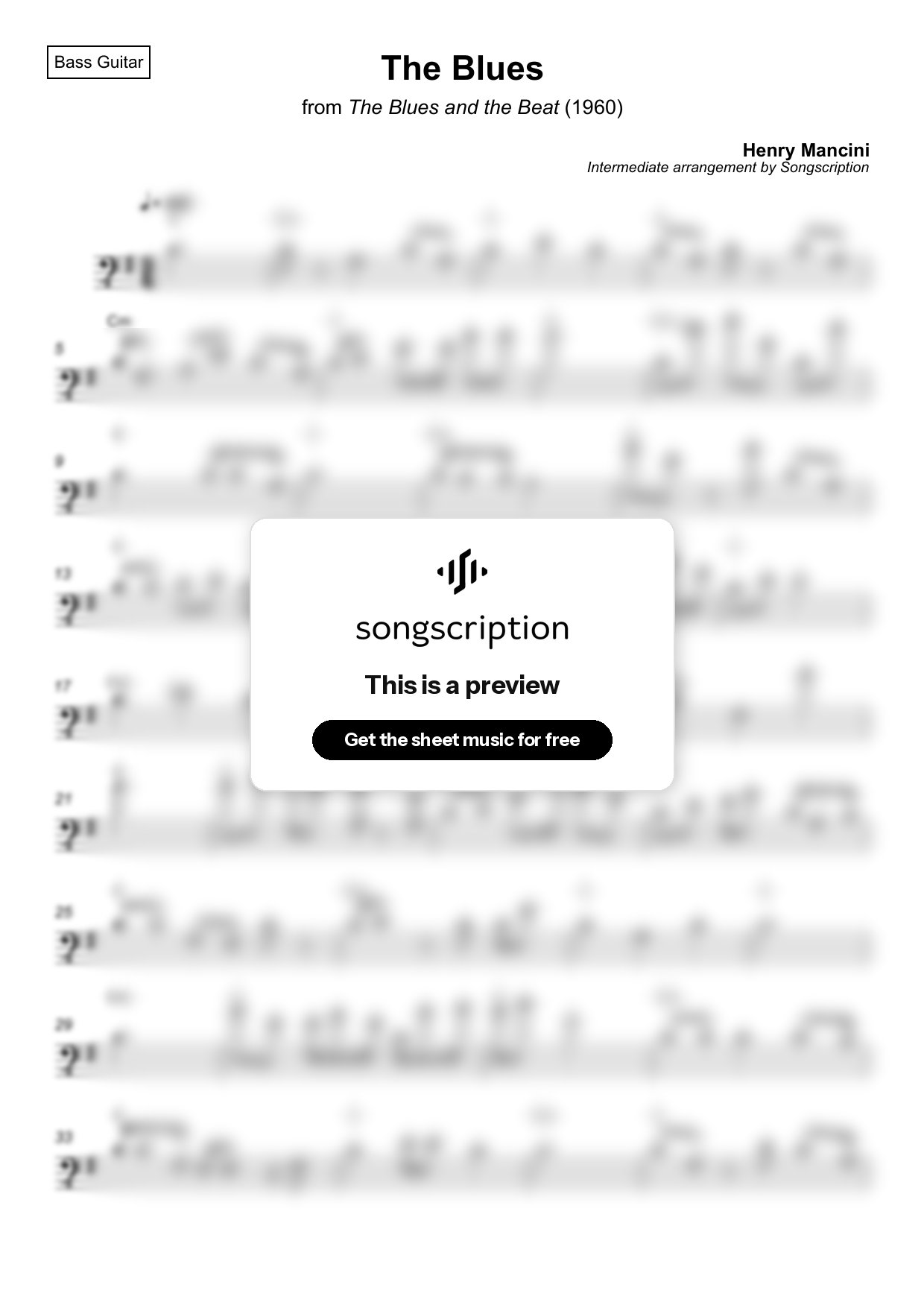 Intermediate Bass Guitar Sheet Music for "The Blues" by Henry Mancini