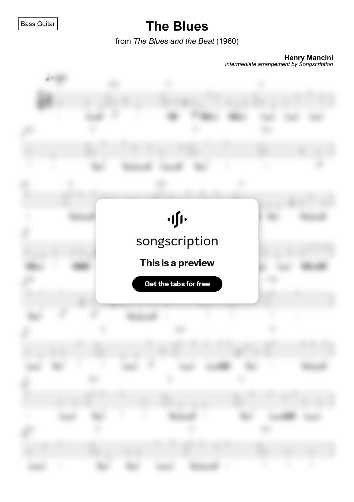 Intermediate Bass Guitar Tabs for "The Blues" by Henry Mancini