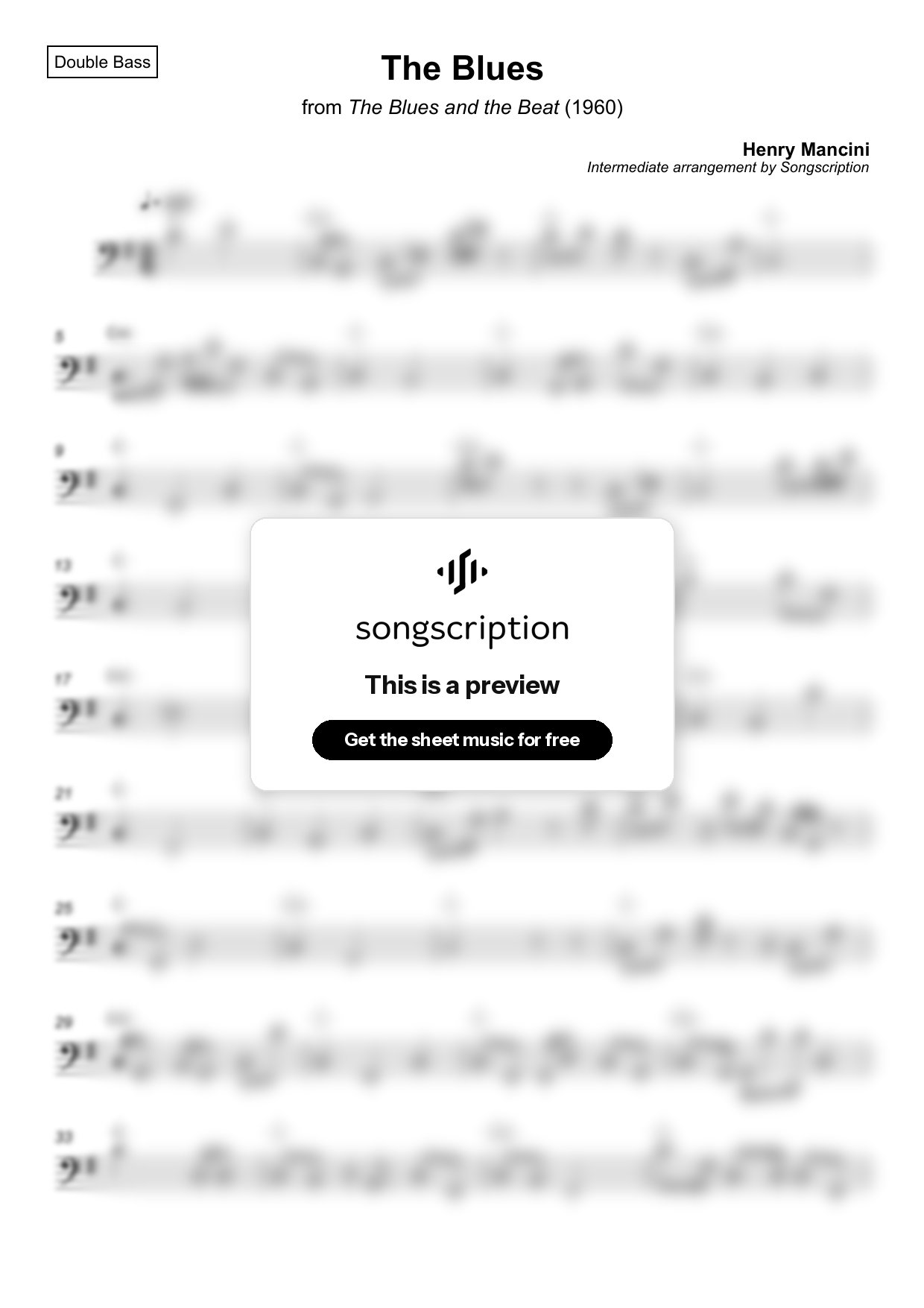 Intermediate Double Bass Sheet Music for "The Blues" by Henry Mancini