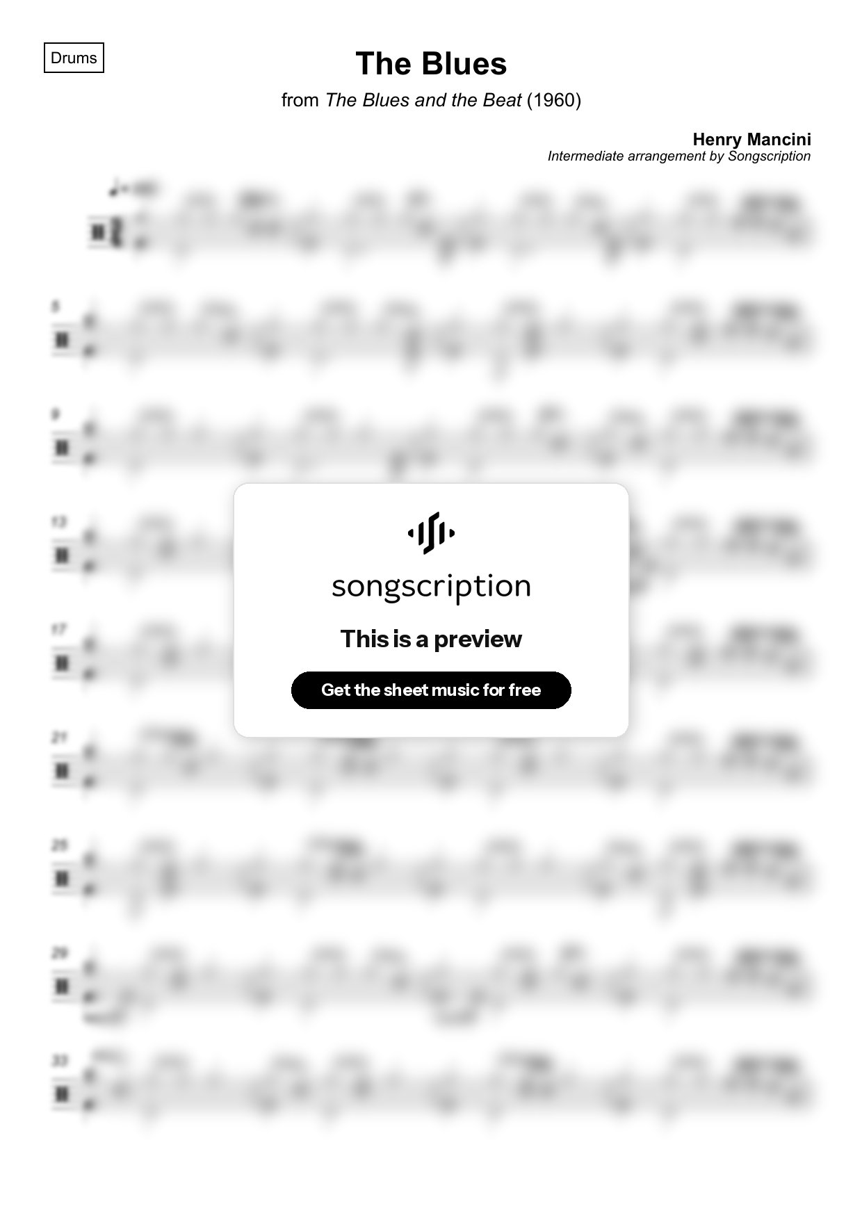Intermediate Drums Sheet Music for "The Blues" by Henry Mancini