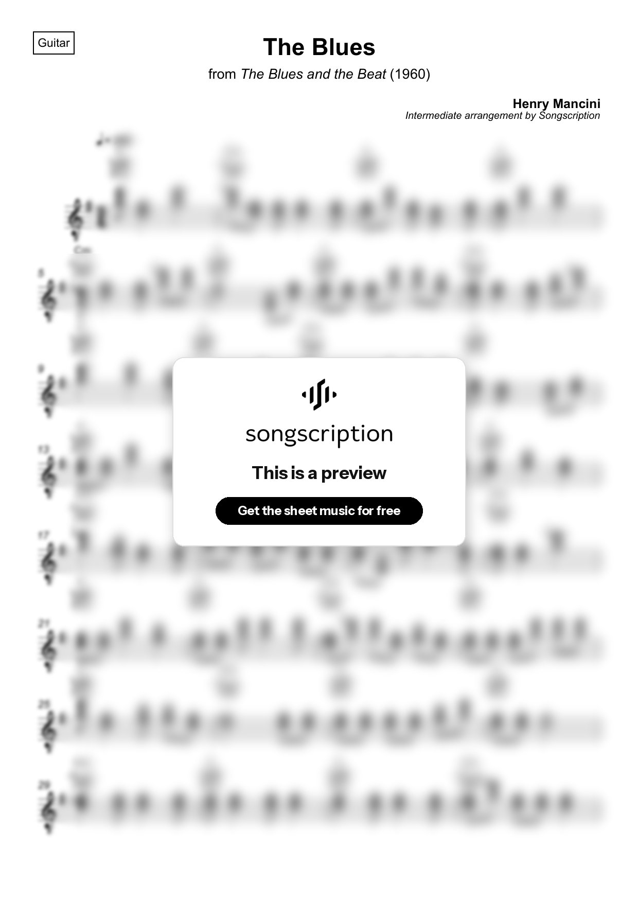 Intermediate Acoustic Guitar Sheet Music for "The Blues" by Henry Mancini