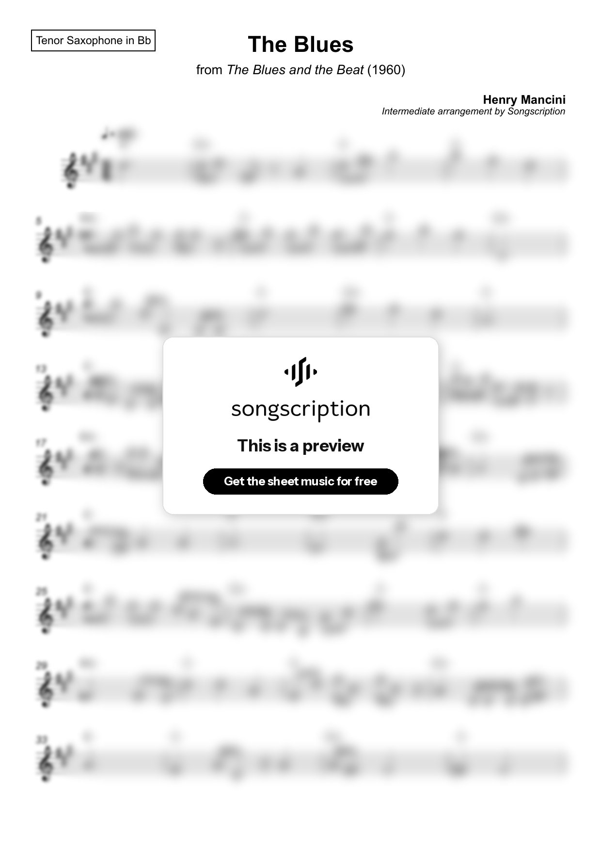 Intermediate Tenor Sax Sheet Music for "The Blues" by Henry Mancini