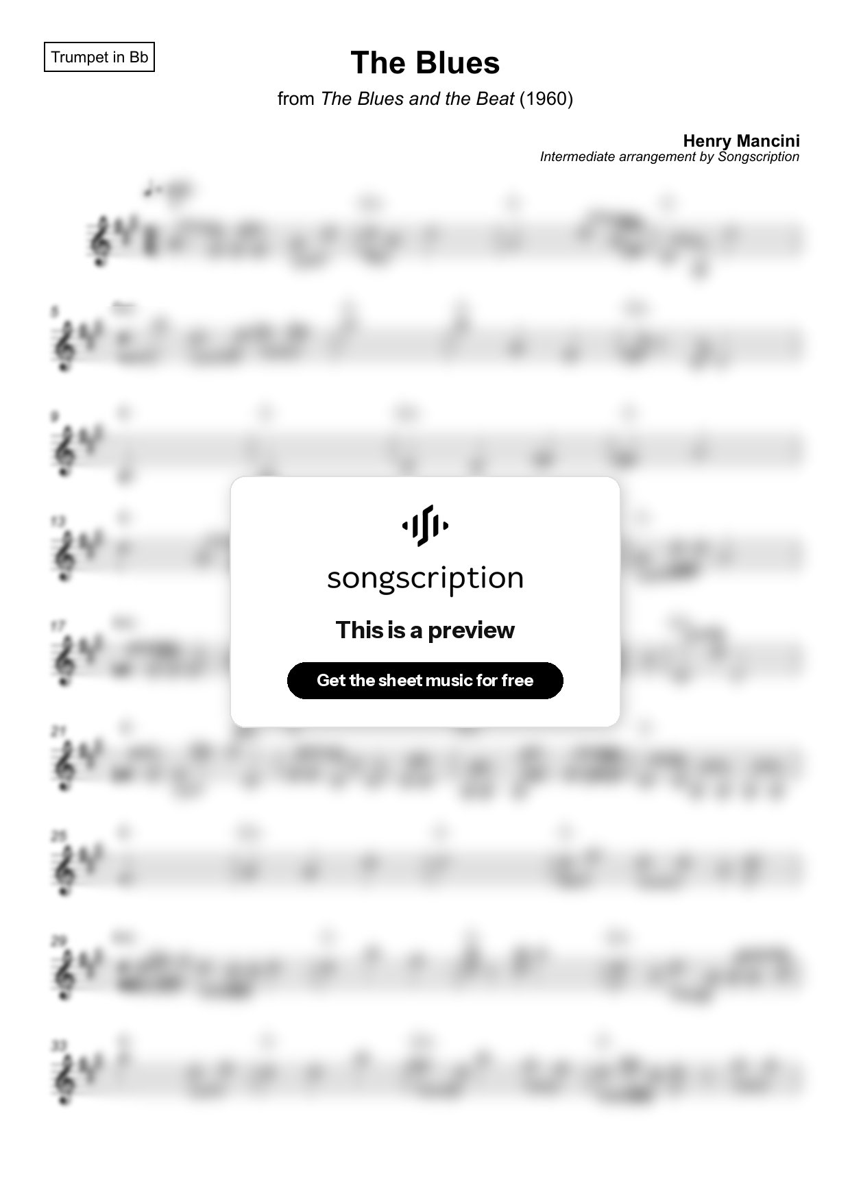 Intermediate Trumpet Sheet Music for "The Blues" by Henry Mancini