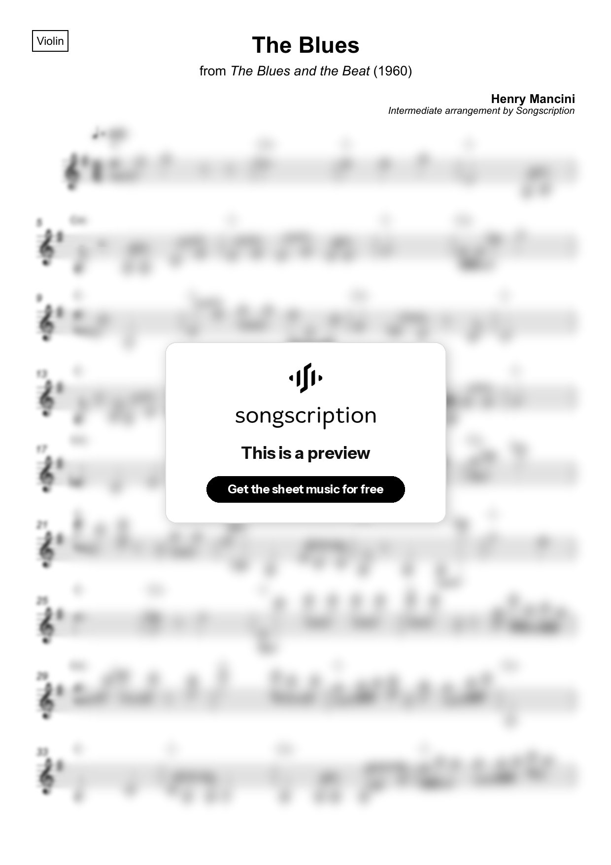 Intermediate Violin Sheet Music for "The Blues" by Henry Mancini
