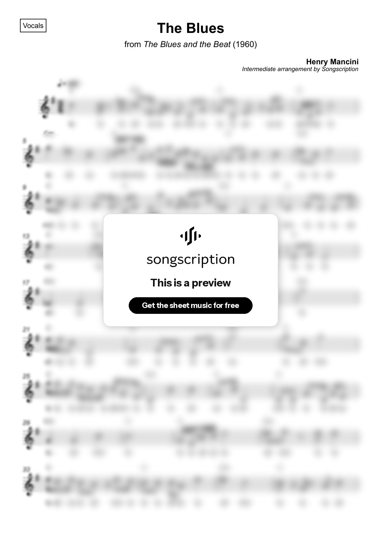 Intermediate Vocals Sheet Music for "The Blues" by Henry Mancini