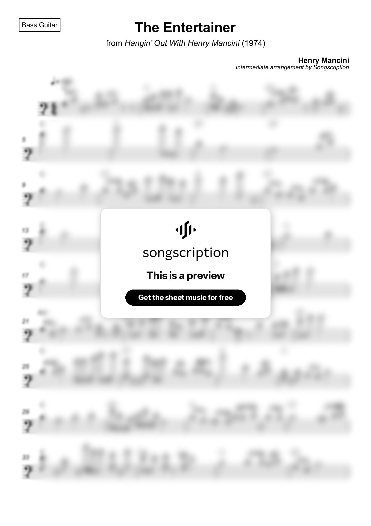 Intermediate Bass Guitar Sheet Music for "The Entertainer" by Henry Mancini